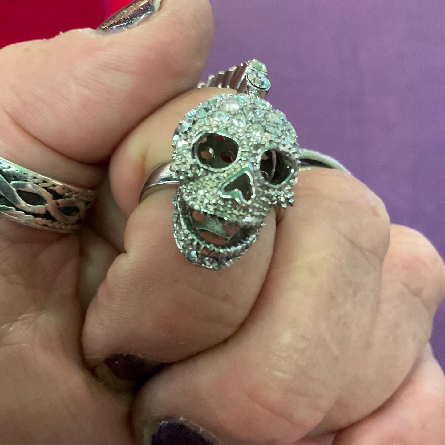 Vintage Butler and Wilson Silver Crystal Skull Ring Bracelet, Adjustable, Silver tone with Silver rhinestones, Gifts for goths