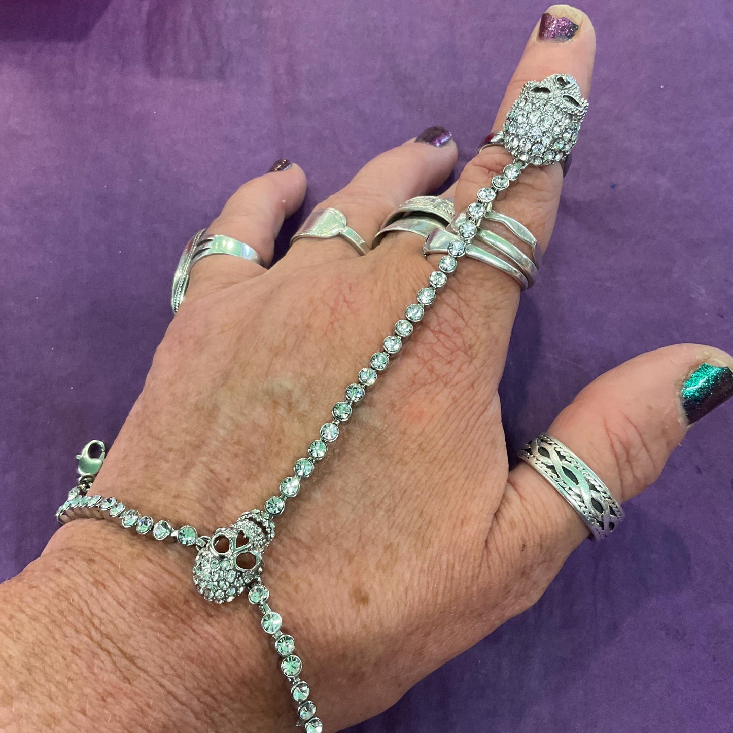 Vintage Butler and Wilson Silver Crystal Skull Ring Bracelet, Adjustable, Silver tone with Silver rhinestones, Gifts for goths