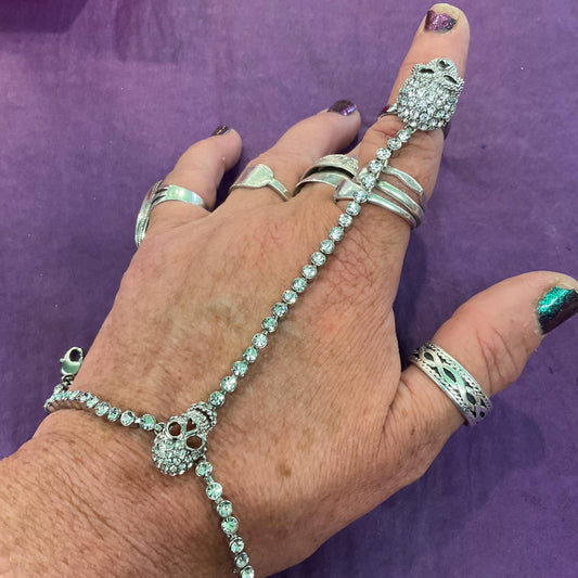 Vintage Butler and Wilson Silver Crystal Skull Ring Bracelet, Adjustable, Silver tone with Silver rhinestones, Gifts for goths