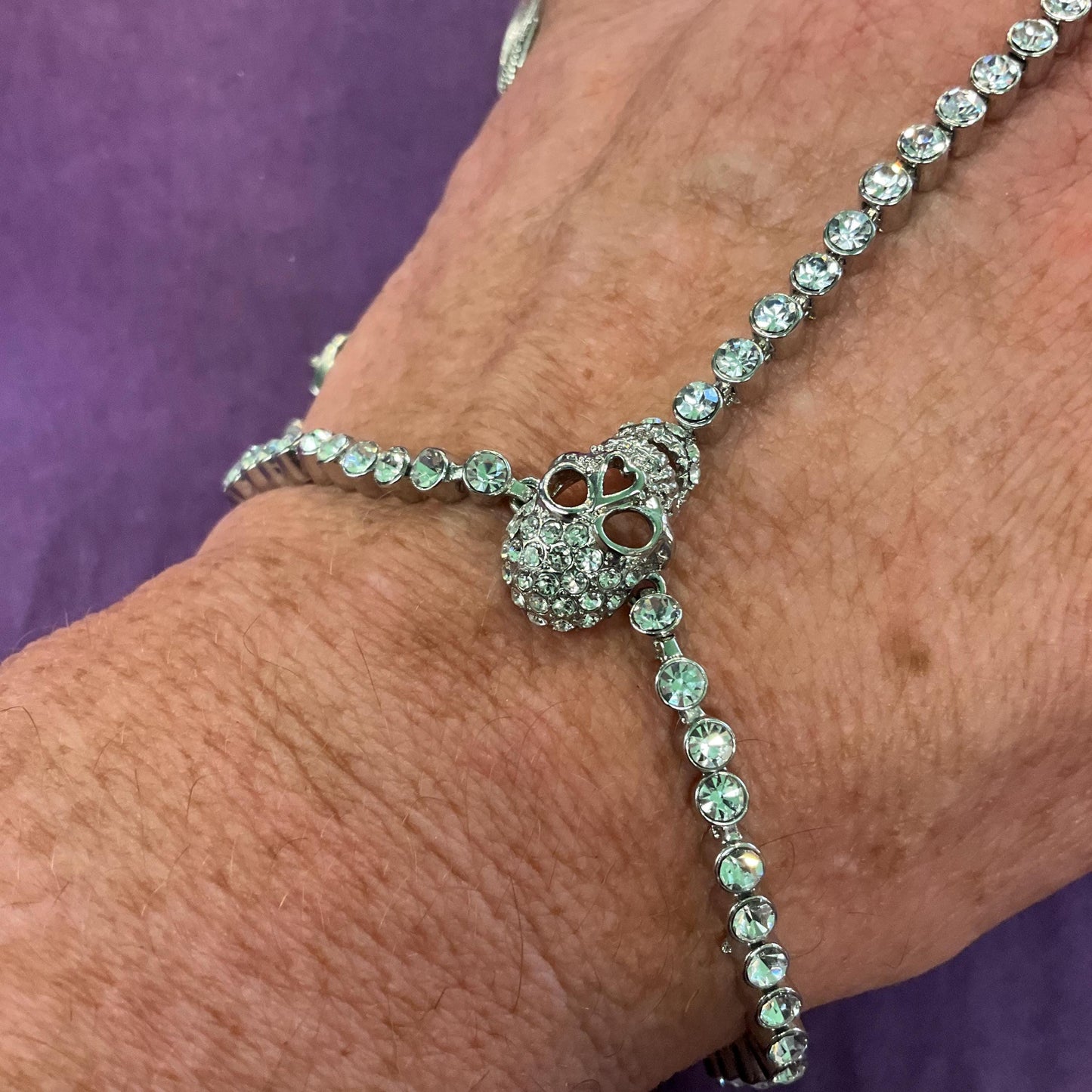 Vintage Butler and Wilson Silver Crystal Skull Ring Bracelet, Adjustable, Silver tone with Silver rhinestones, Gifts for goths