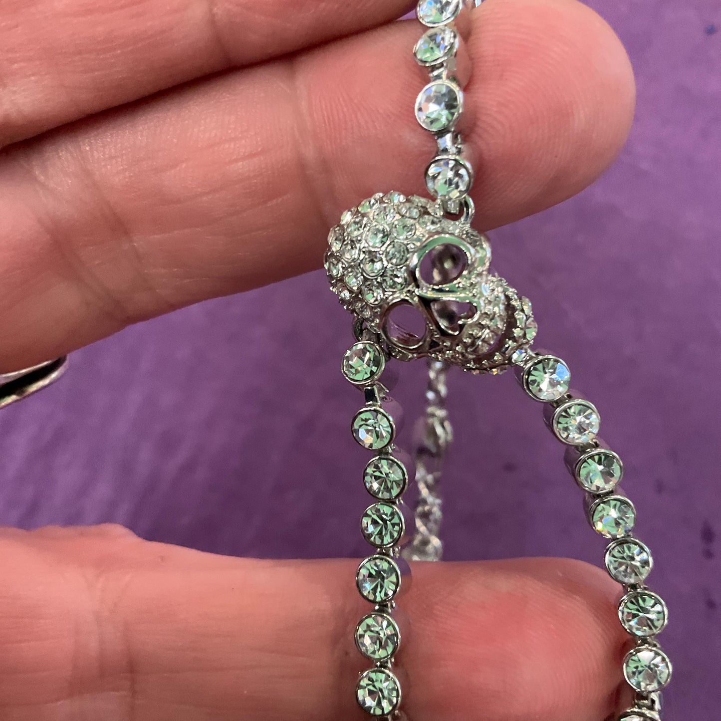 Vintage Butler and Wilson Silver Crystal Skull Ring Bracelet, Adjustable, Silver tone with Silver rhinestones, Gifts for goths