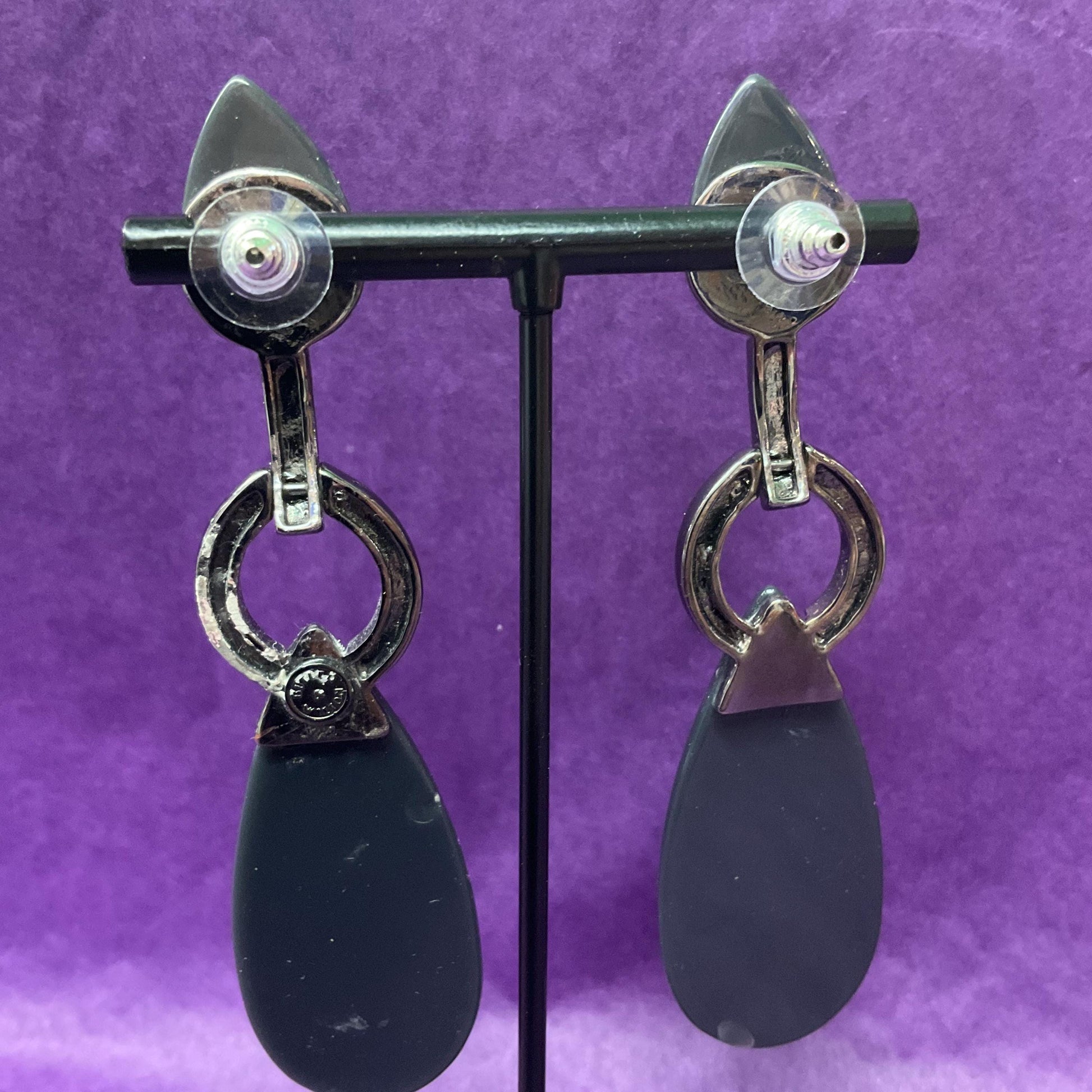 Vintage Butler and Wilson Art Deco Style Black Crystal Set Lond Drop Earrings, Dark Pewter tone with Black Cabuchons and Pewter Rhinestones