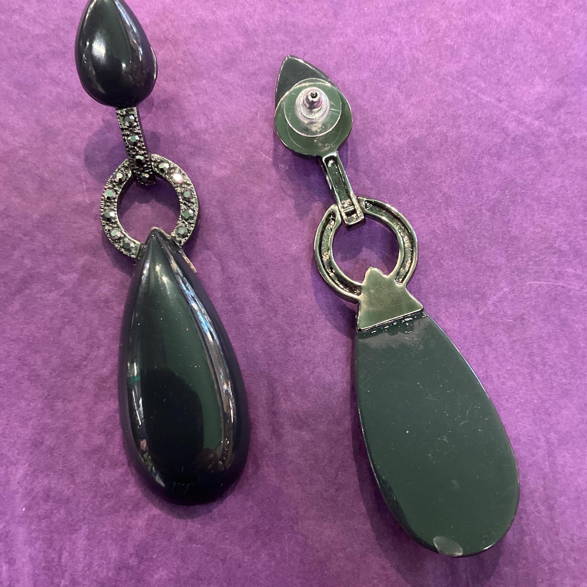Vintage Butler and Wilson Art Deco Style Black Crystal Set Lond Drop Earrings, Dark Pewter tone with Black Cabuchons and Pewter Rhinestones