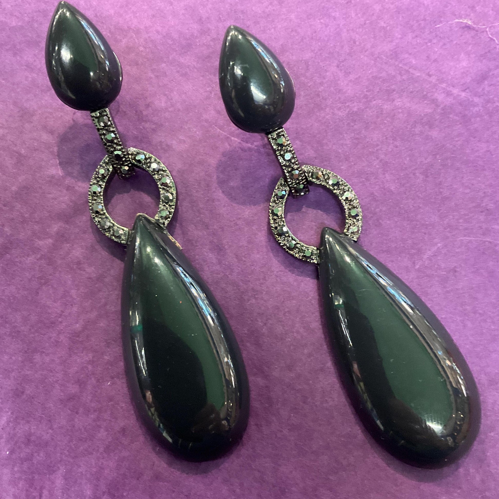 Vintage Butler and Wilson Art Deco Style Black Crystal Set Lond Drop Earrings, Dark Pewter tone with Black Cabuchons and Pewter Rhinestones