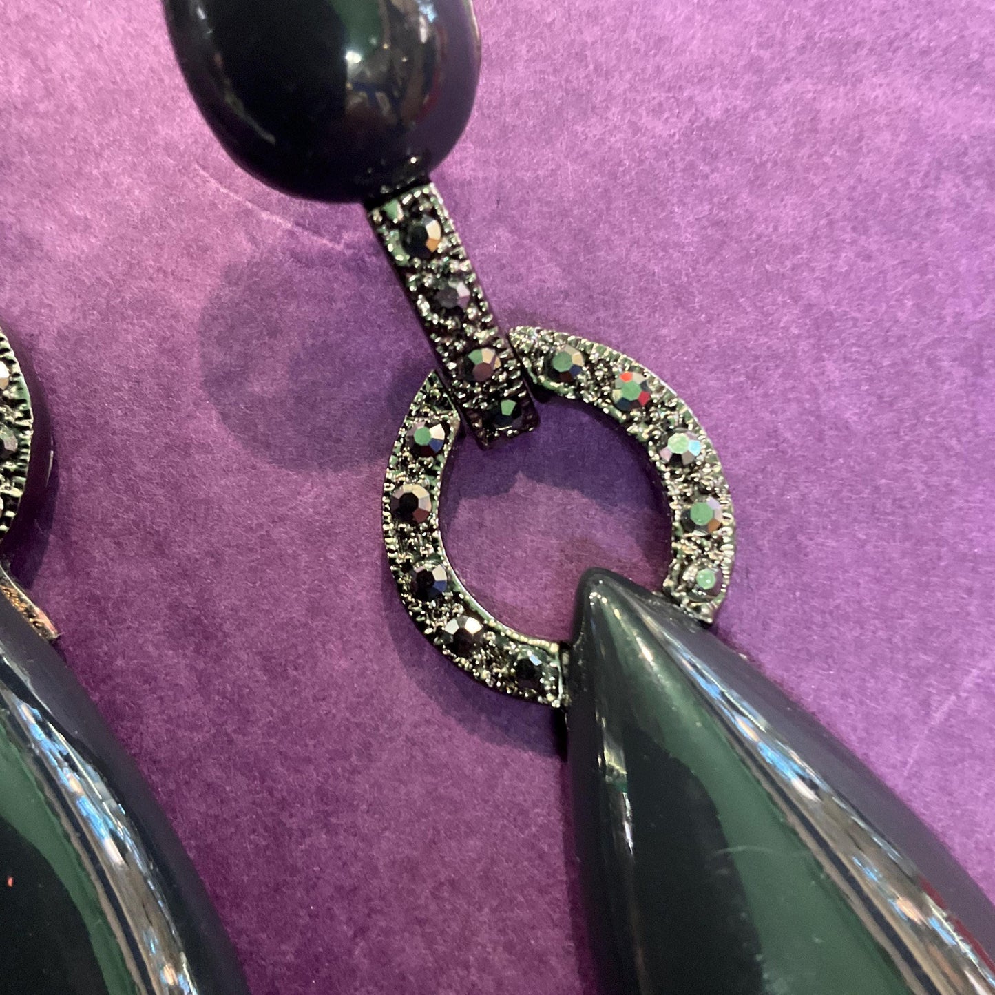 Vintage Butler and Wilson Art Deco Style Black Crystal Set Lond Drop Earrings, Dark Pewter tone with Black Cabuchons and Pewter Rhinestones