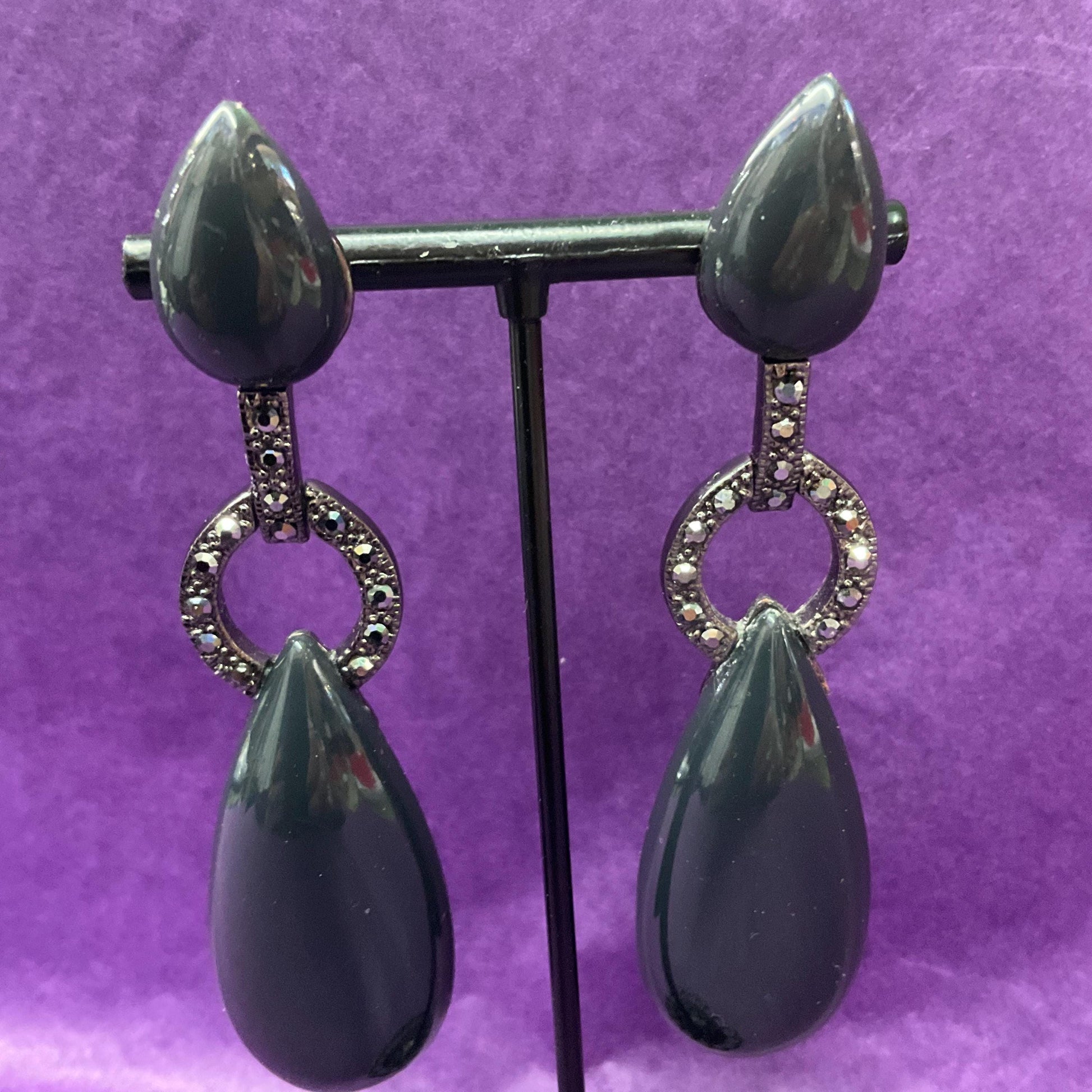 Vintage Butler and Wilson Art Deco Style Black Crystal Set Lond Drop Earrings, Dark Pewter tone with Black Cabuchons and Pewter Rhinestones