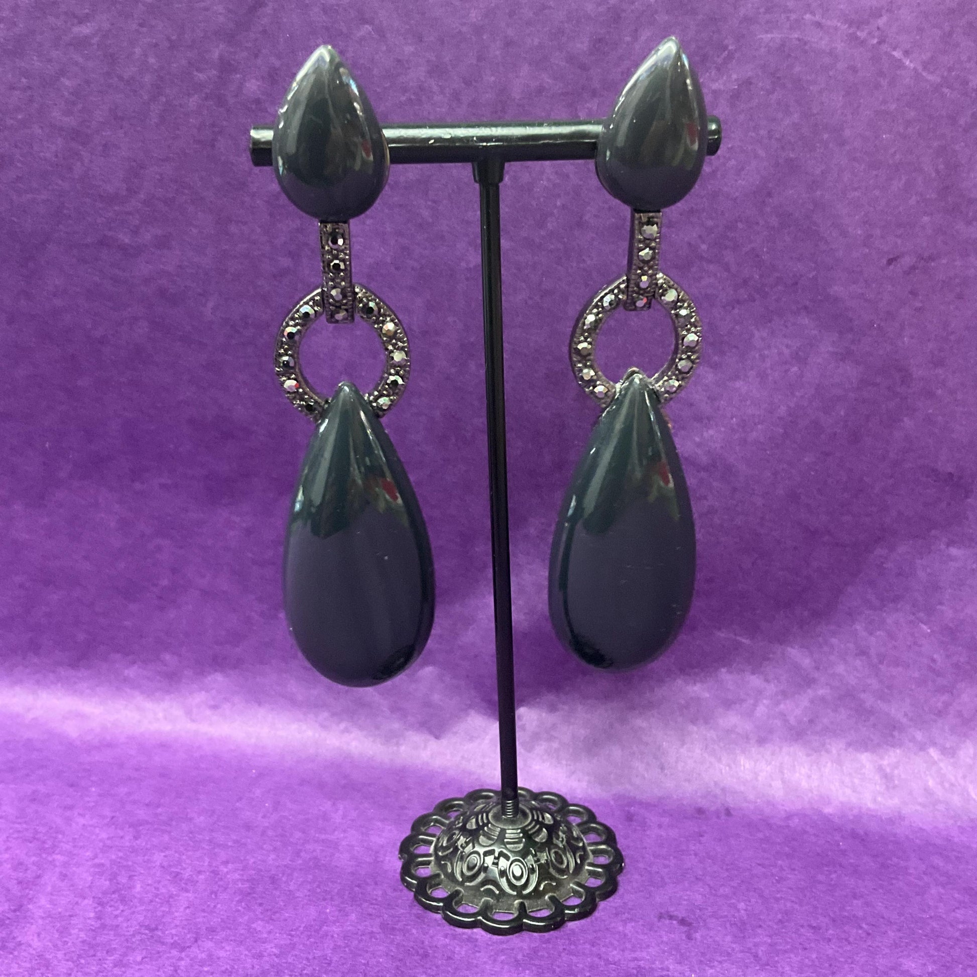 Vintage Butler and Wilson Art Deco Style Black Crystal Set Lond Drop Earrings, Dark Pewter tone with Black Cabuchons and Pewter Rhinestones