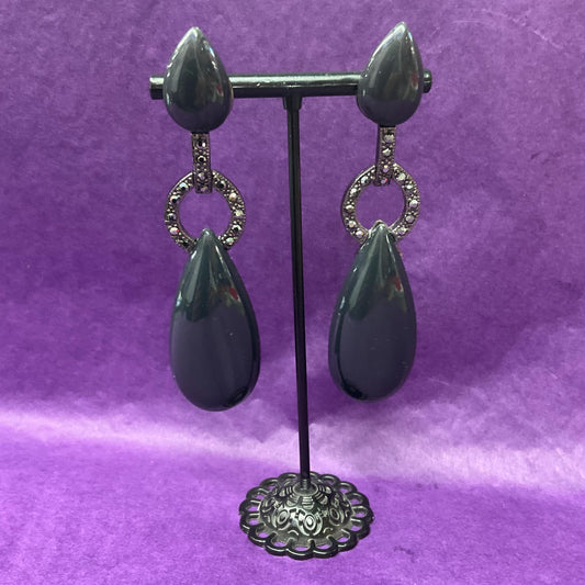 Vintage Butler and Wilson Art Deco Style Black Crystal Set Lond Drop Earrings, Dark Pewter tone with Black Cabuchons and Pewter Rhinestones