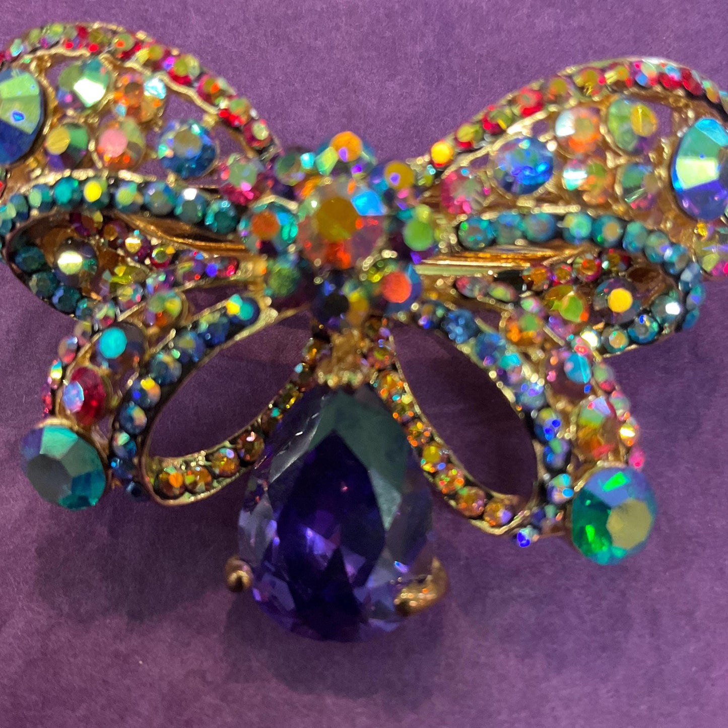Vintage Butler and Wilson Rainbow Crystal Bow Barette Hair Clip, Gold Tone with Multicoloured Borealis Rhinestones and Crystals