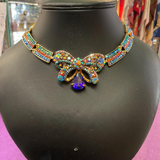 Vintage Butler and Wilson Rainbow Crystal Bow Panel Necklace, Gold Tone with Multicoloured Borealus Rhinestones and Crystals