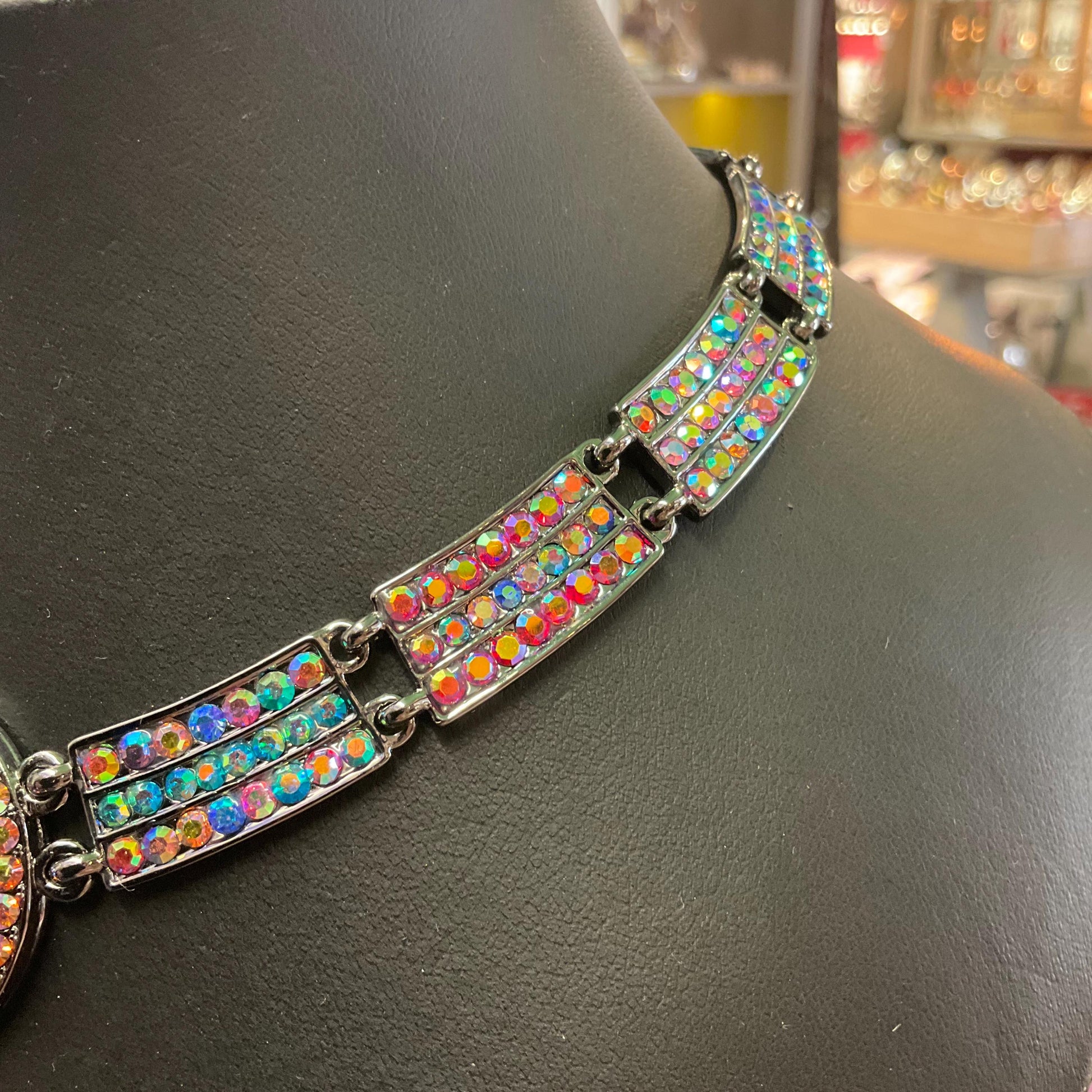 Vintage Butler and Wilson Rainbow Crystal Art Deco Style Panel Necklace, Pewter tone with multicoloured Borealis rhinestone and Crystal