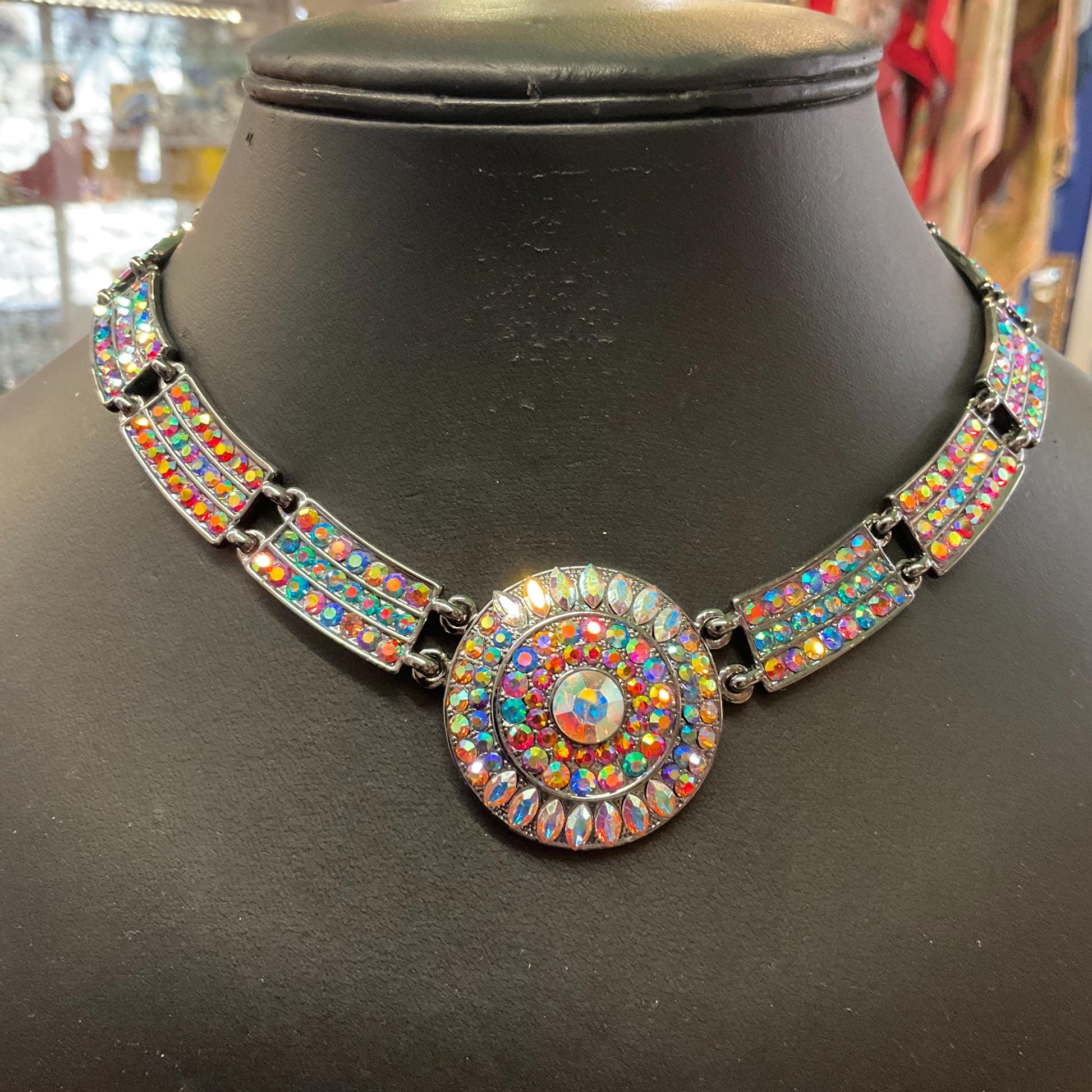 Vintage Butler and Wilson Rainbow Crystal Art Deco Style Panel Necklace, Pewter tone with multicoloured Borealis rhinestone and Crystal
