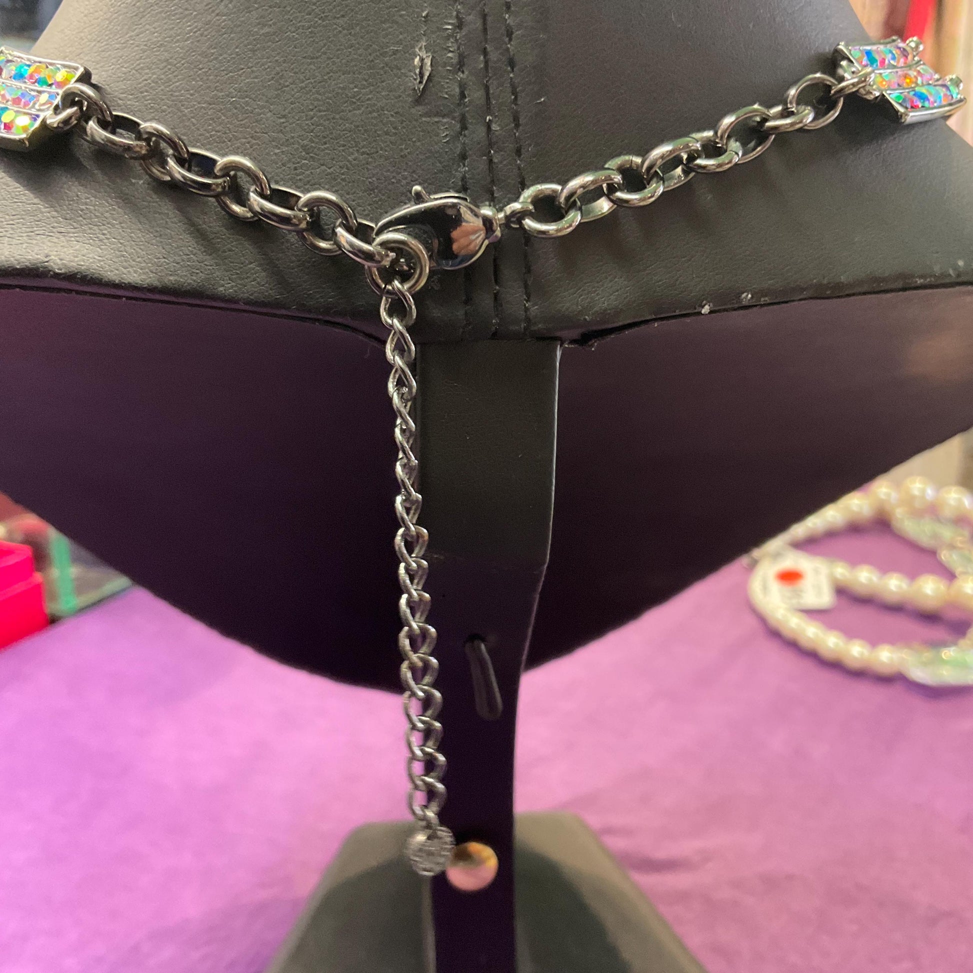 Vintage Butler and Wilson Rainbow Crystal Art Deco Style Panel Necklace, Pewter tone with multicoloured Borealis rhinestone and Crystal