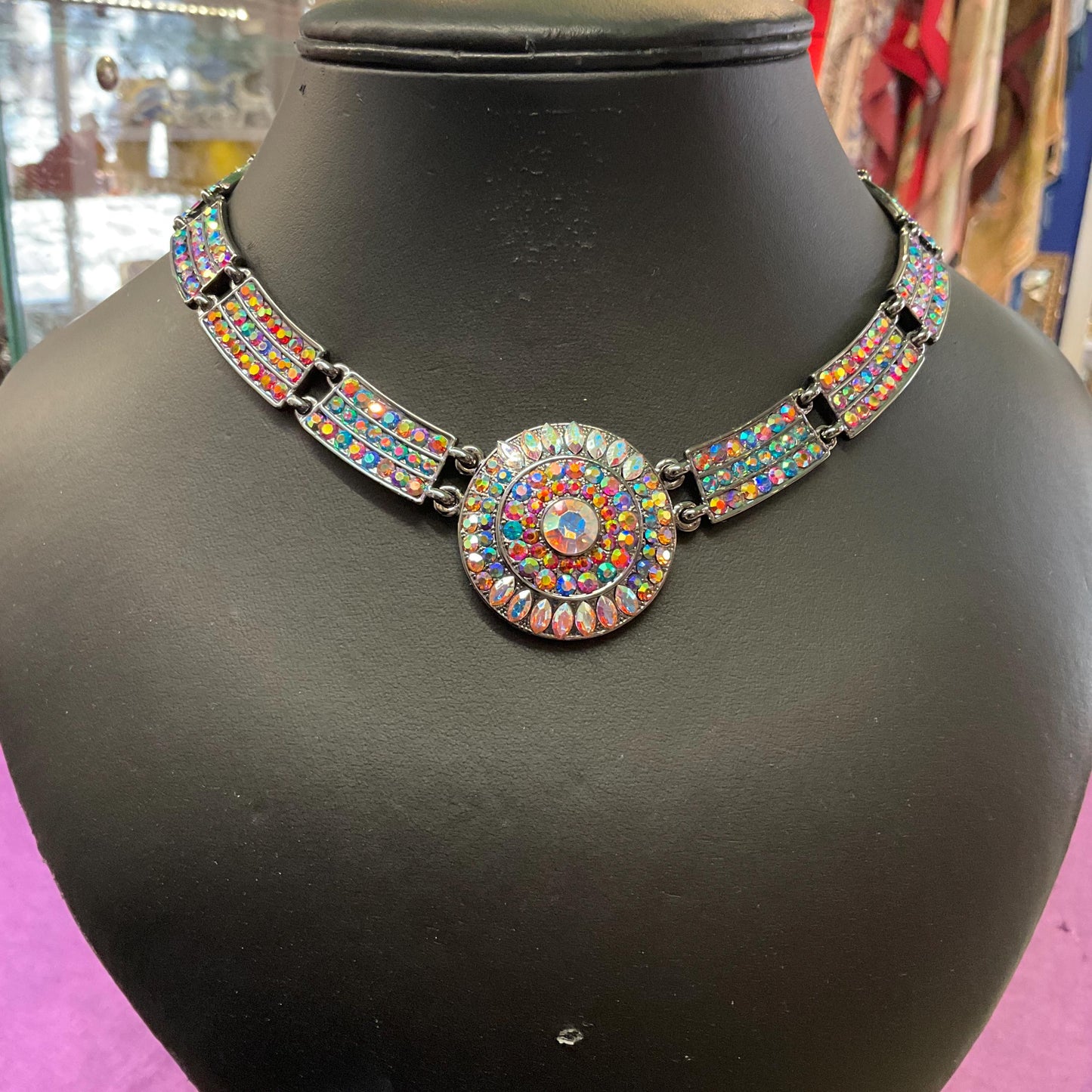 Vintage Butler and Wilson Rainbow Crystal Art Deco Style Panel Necklace, Pewter tone with multicoloured Borealis rhinestone and Crystal