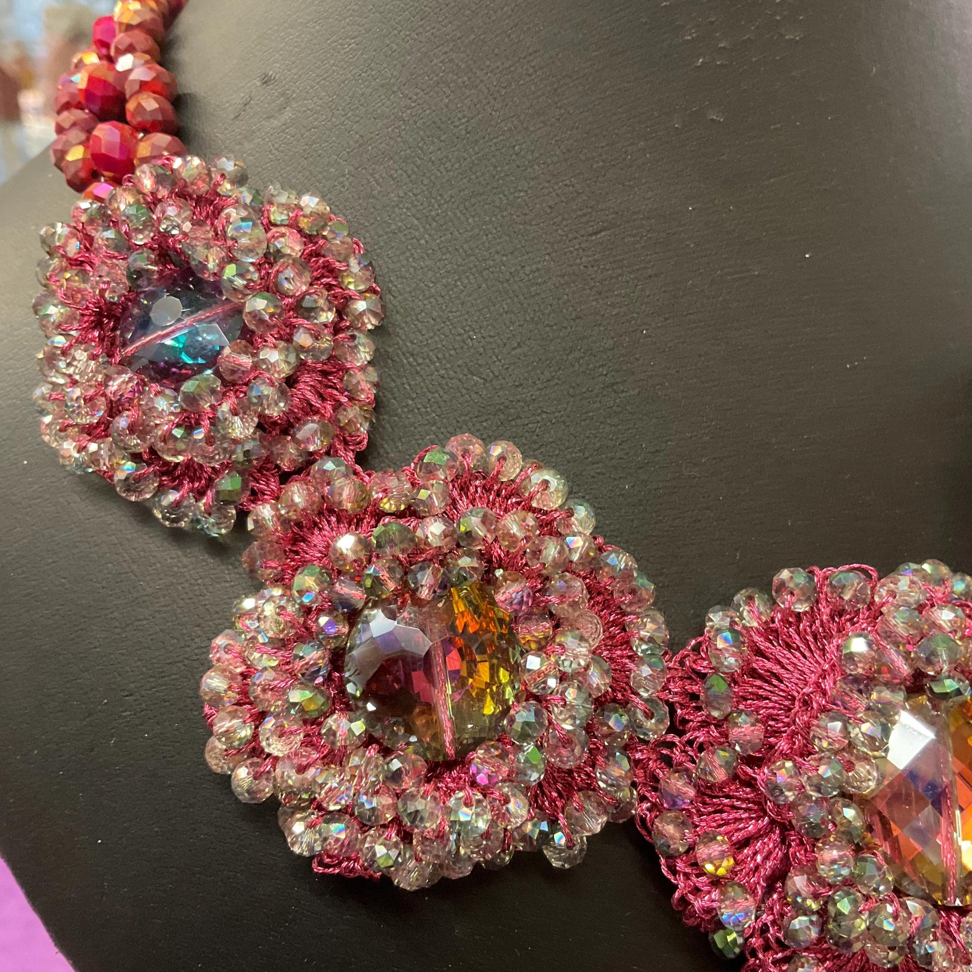 Vintage Butler and Wilson Bohemian Crystal Flower Necklace, pink crochet with Aurora Borealis Beads, Festival, Gifts for her