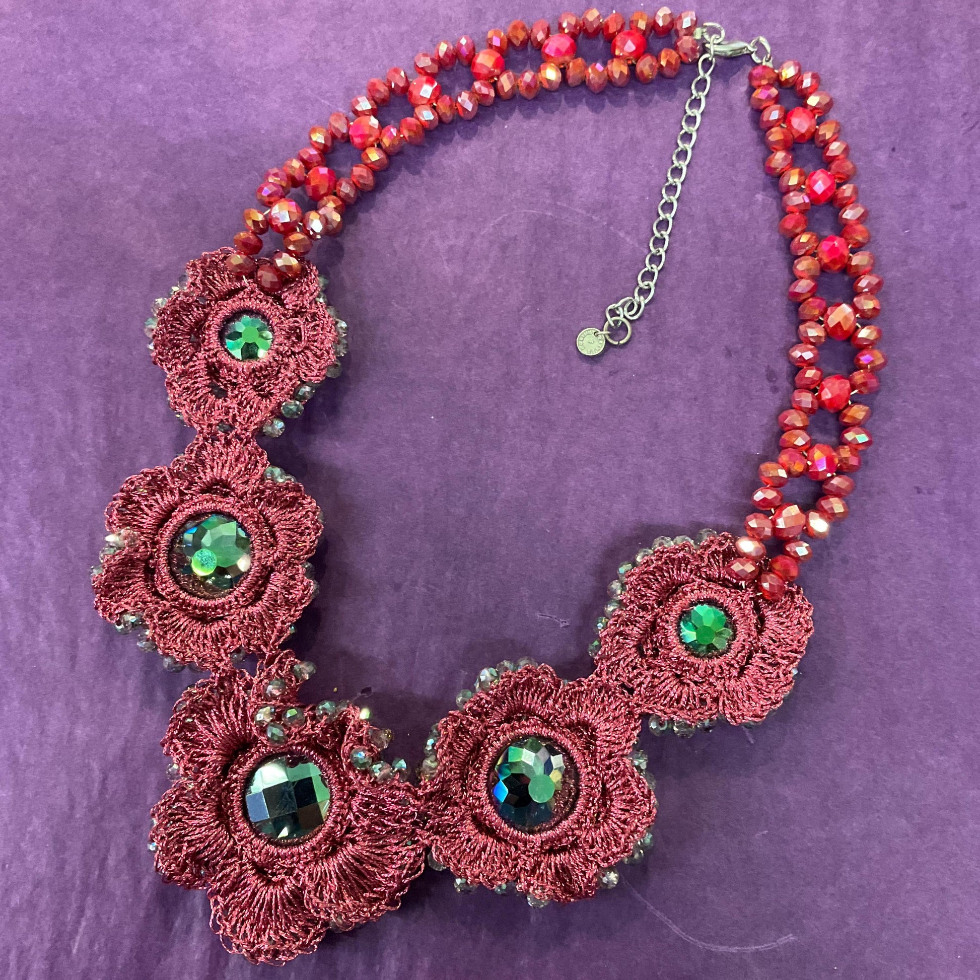 Vintage Butler and Wilson Bohemian Crystal Flower Necklace, pink crochet with Aurora Borealis Beads, Festival, Gifts for her