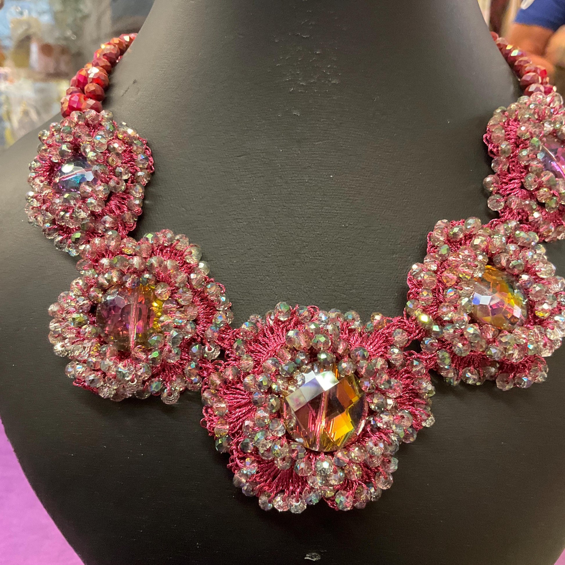 Vintage Butler and Wilson Bohemian Crystal Flower Necklace, pink crochet with Aurora Borealis Beads, Festival, Gifts for her