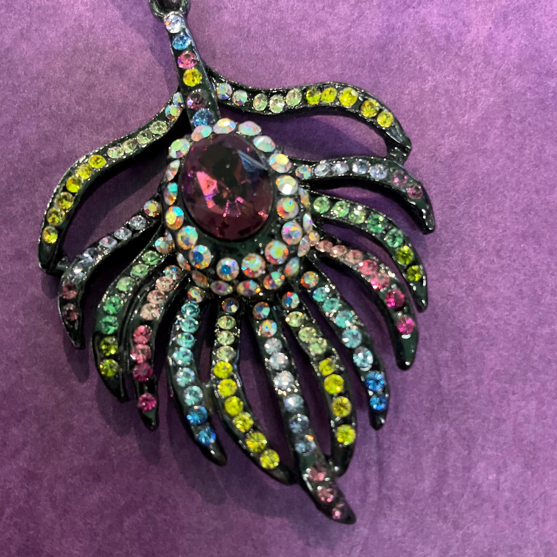 Vintage Butler and Wilson Bohemian Crystal Peacock Feather Statement Drop Earings, Pewter tone with multicoloured Rhinestones, Signed