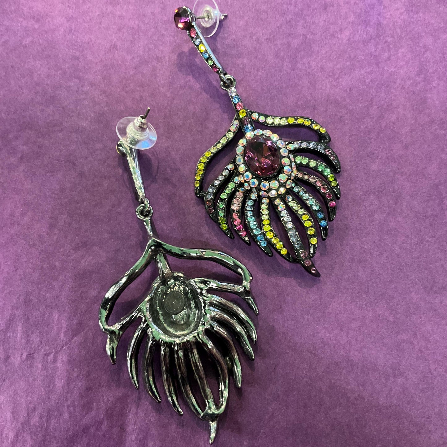 Vintage Butler and Wilson Bohemian Crystal Peacock Feather Statement Drop Earings, Pewter tone with multicoloured Rhinestones, Signed