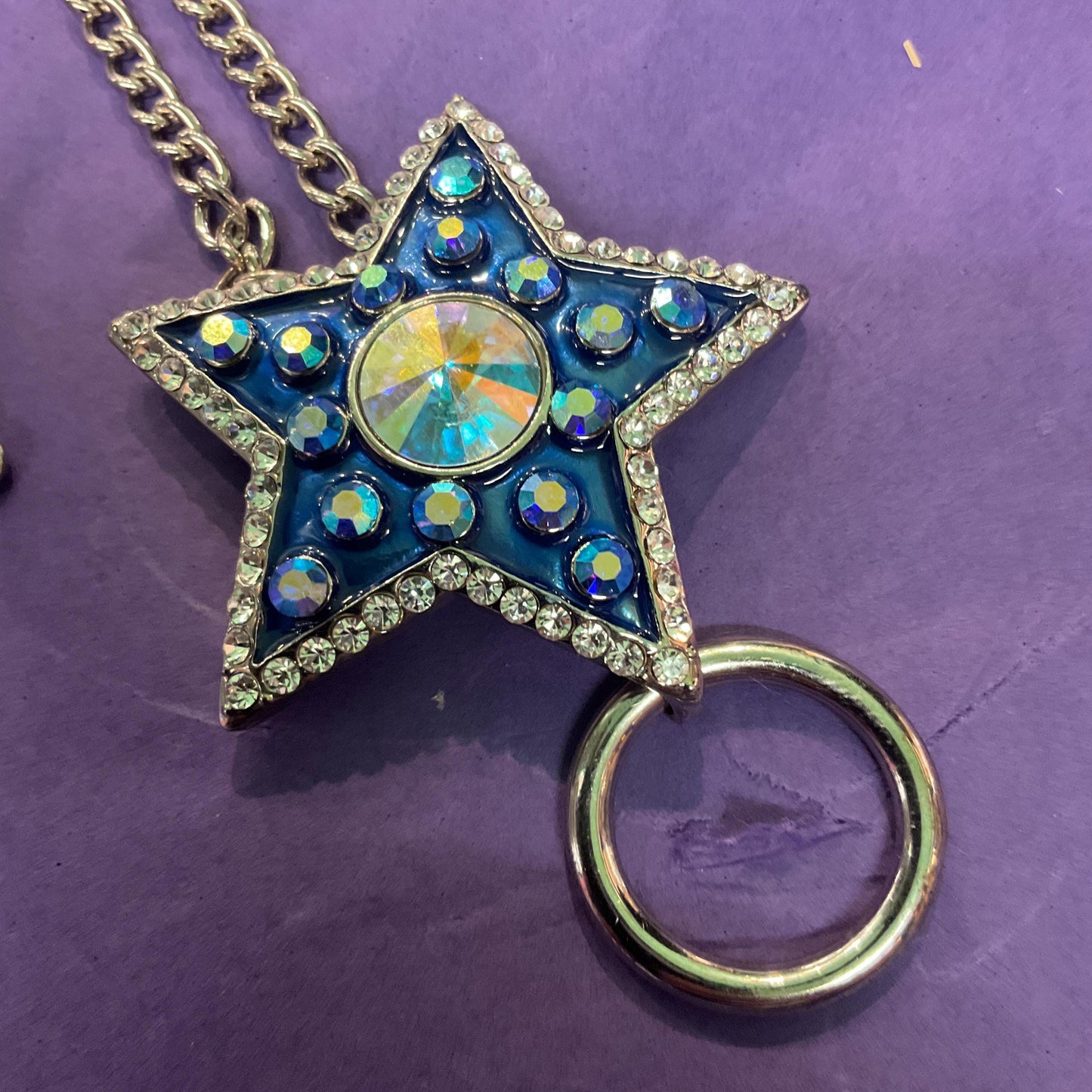 Vintage Butler and Wilson Blue Star Long Crystal Pendant/ Spectacles Holder, Enamel with Aurora Borealis Rhinestones, Sustainable Gift