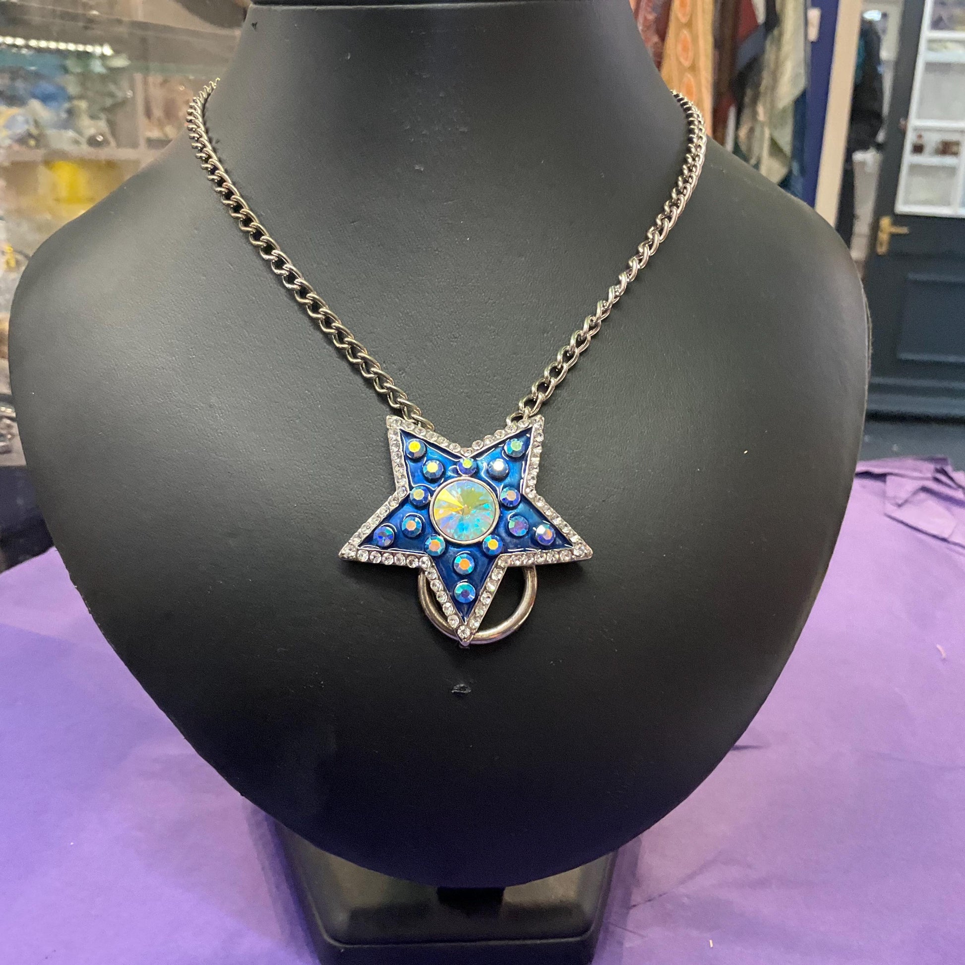 Vintage Butler and Wilson Blue Star Long Crystal Pendant/ Spectacles Holder, Enamel with Aurora Borealis Rhinestones, Sustainable Gift