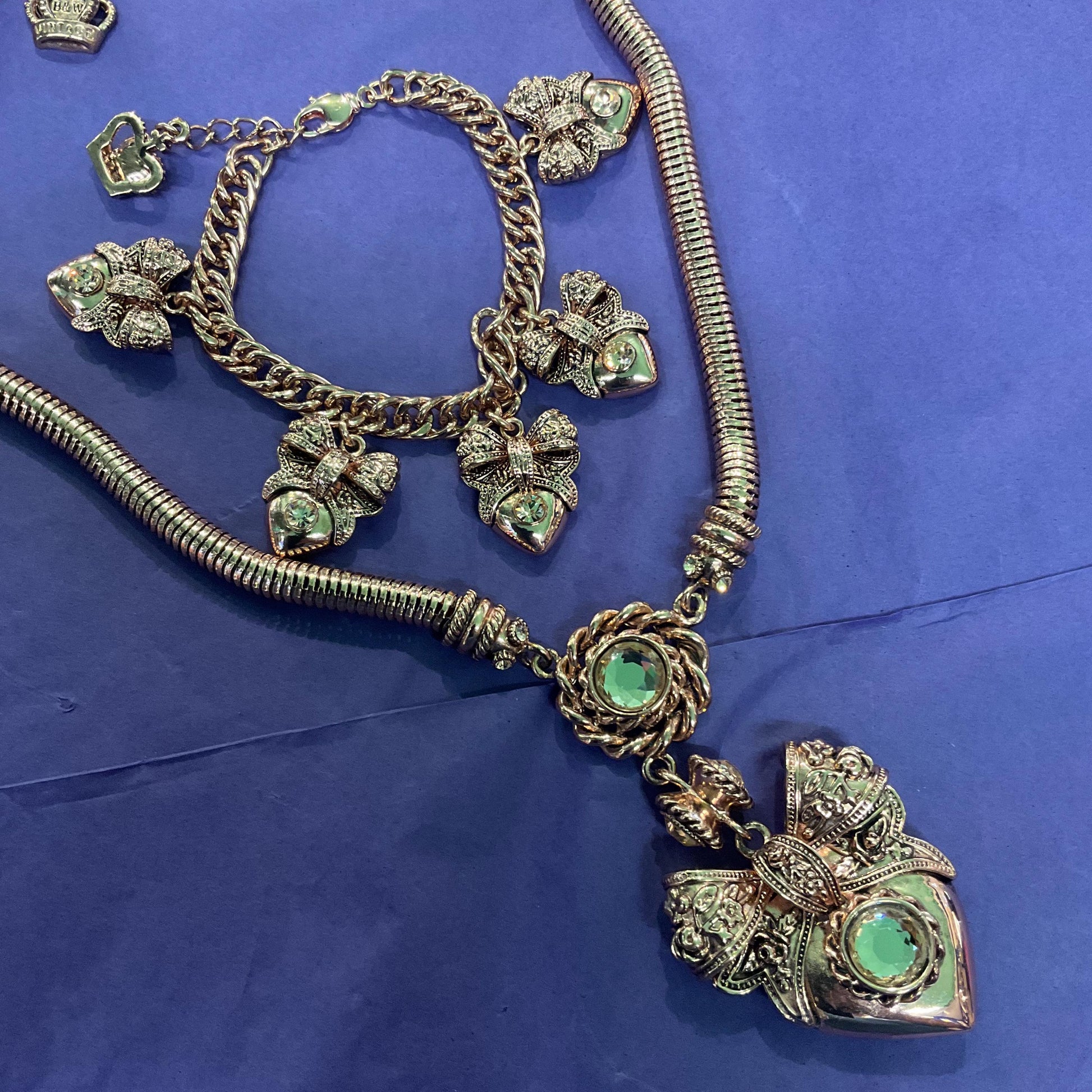 Vintage Butler and Wilson Barouque Style Rose Gold Bow and Heart Charm Bracelet, Rose Gold Crystals, Signed as new, sustainable Gift