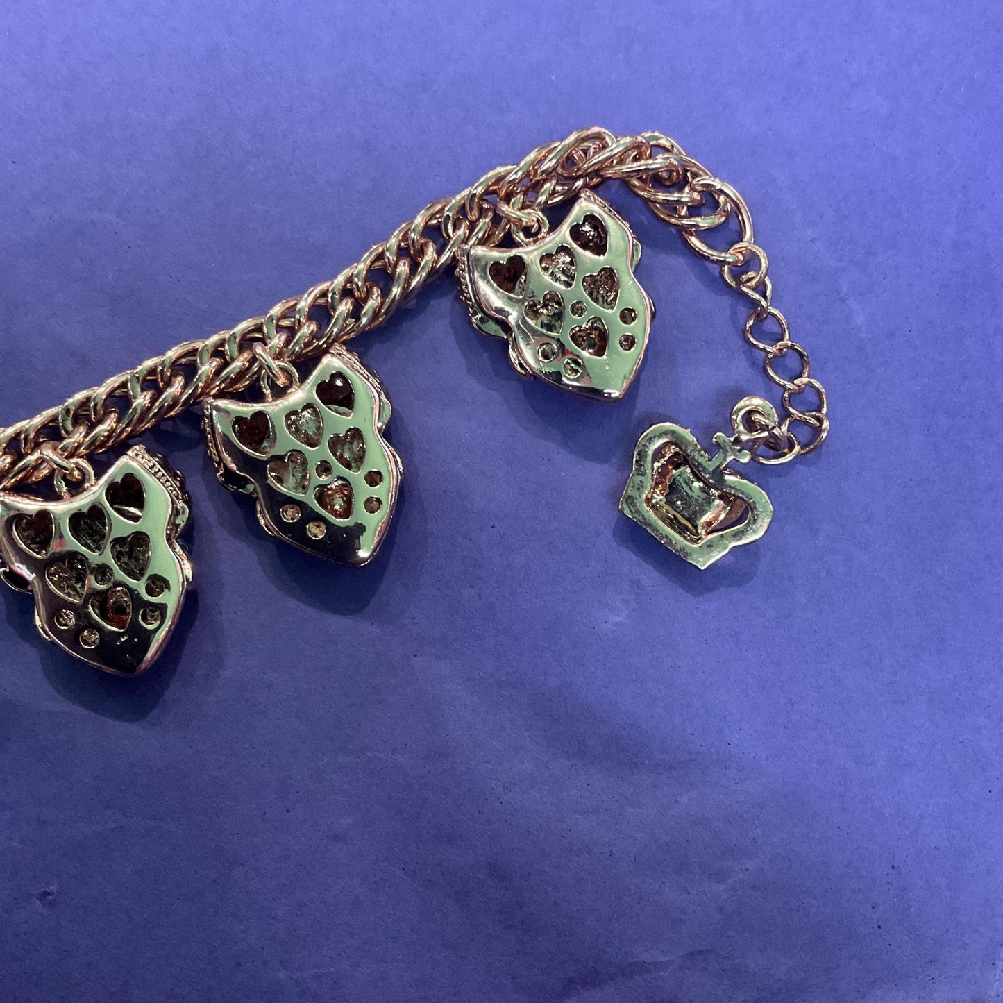 Vintage Butler and Wilson Barouque Style Rose Gold Bow and Heart Charm Bracelet, Rose Gold Crystals, Signed as new, sustainable Gift