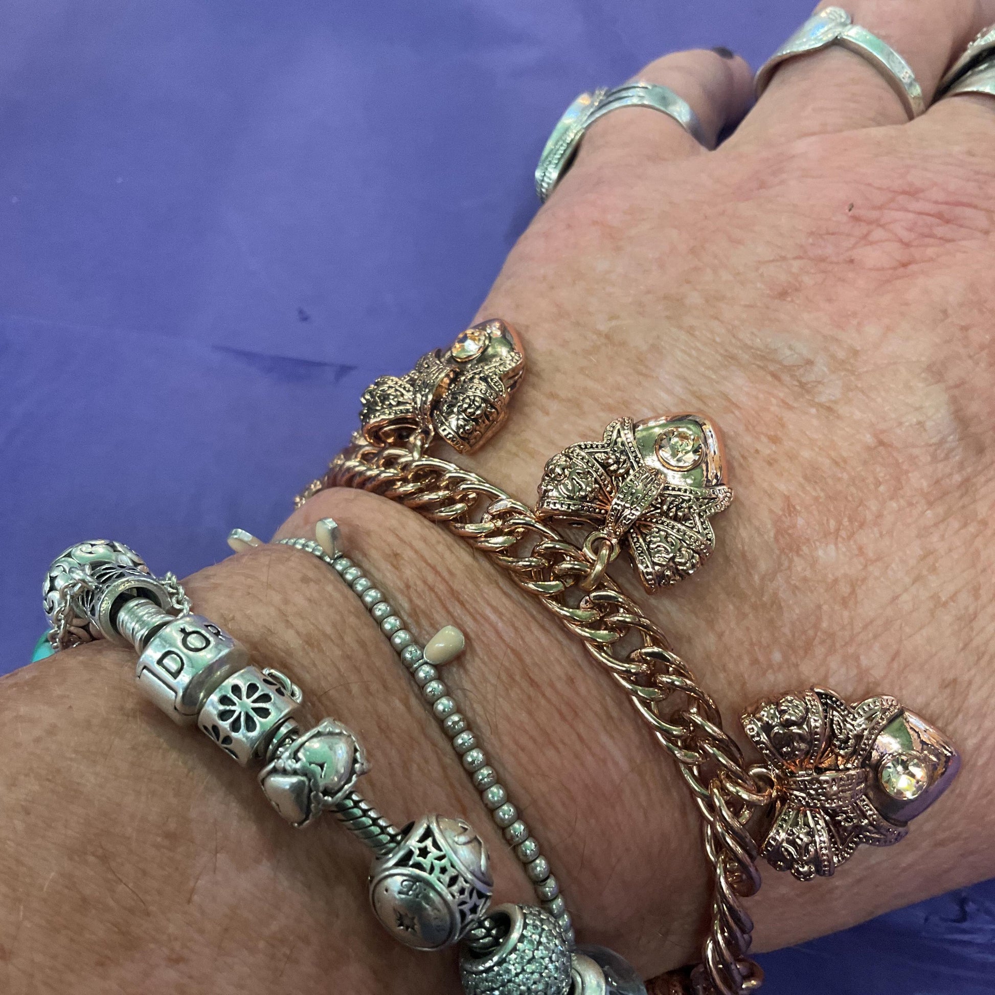 Vintage Butler and Wilson Barouque Style Rose Gold Bow and Heart Charm Bracelet, Rose Gold Crystals, Signed as new, sustainable Gift