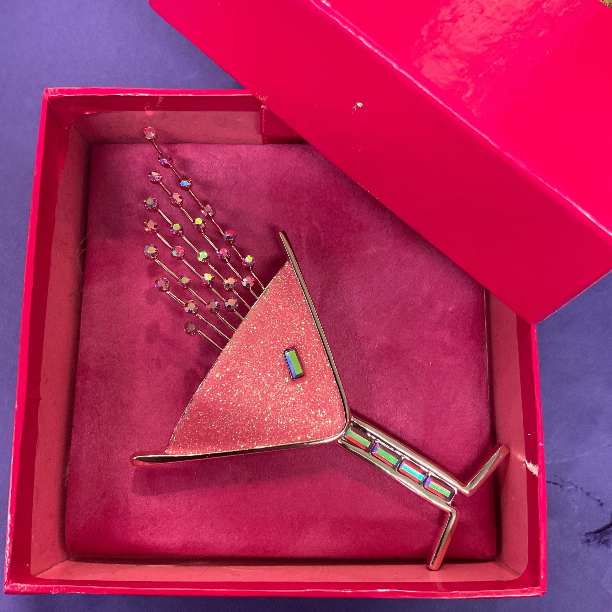 Vintage Butler and Wilson Large Pink Glitter Crystal Cocktail Glass Brooch, Rose Gold tone with Crystal Glitter and Rainbow Rhinestones