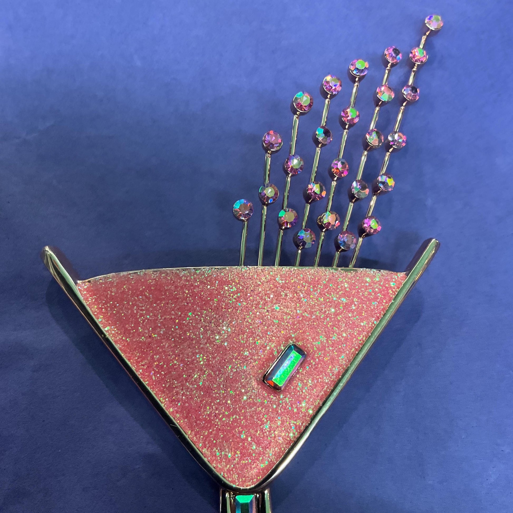 Vintage Butler and Wilson Large Pink Glitter Crystal Cocktail Glass Brooch, Rose Gold tone with Crystal Glitter and Rainbow Rhinestones
