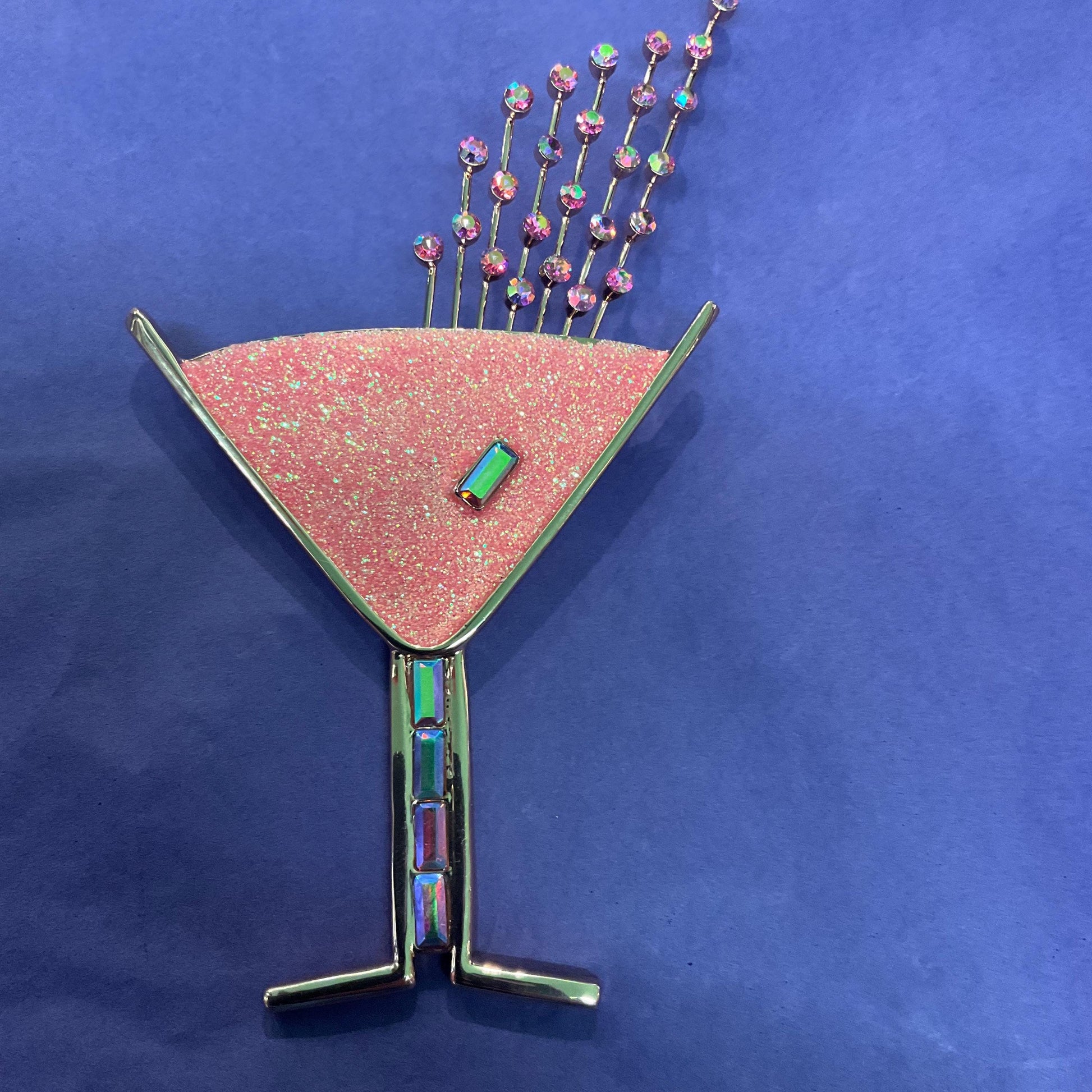 Vintage Butler and Wilson Large Pink Glitter Crystal Cocktail Glass Brooch, Rose Gold tone with Crystal Glitter and Rainbow Rhinestones