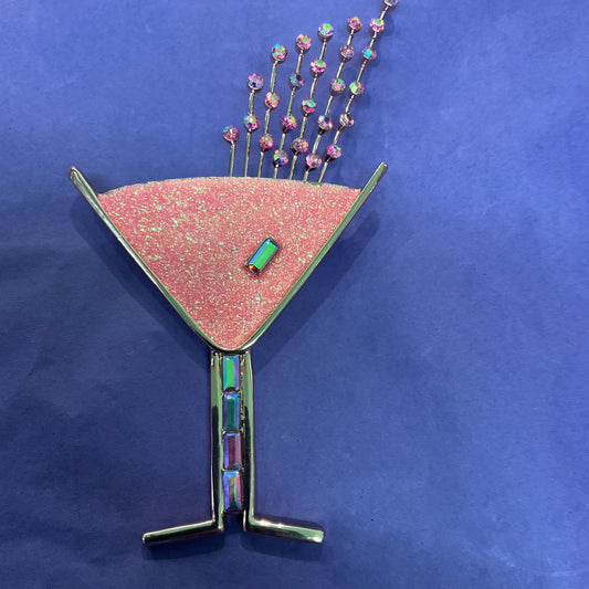 Vintage Butler and Wilson Large Pink Glitter Crystal Cocktail Glass Brooch, Rose Gold tone with Crystal Glitter and Rainbow Rhinestones
