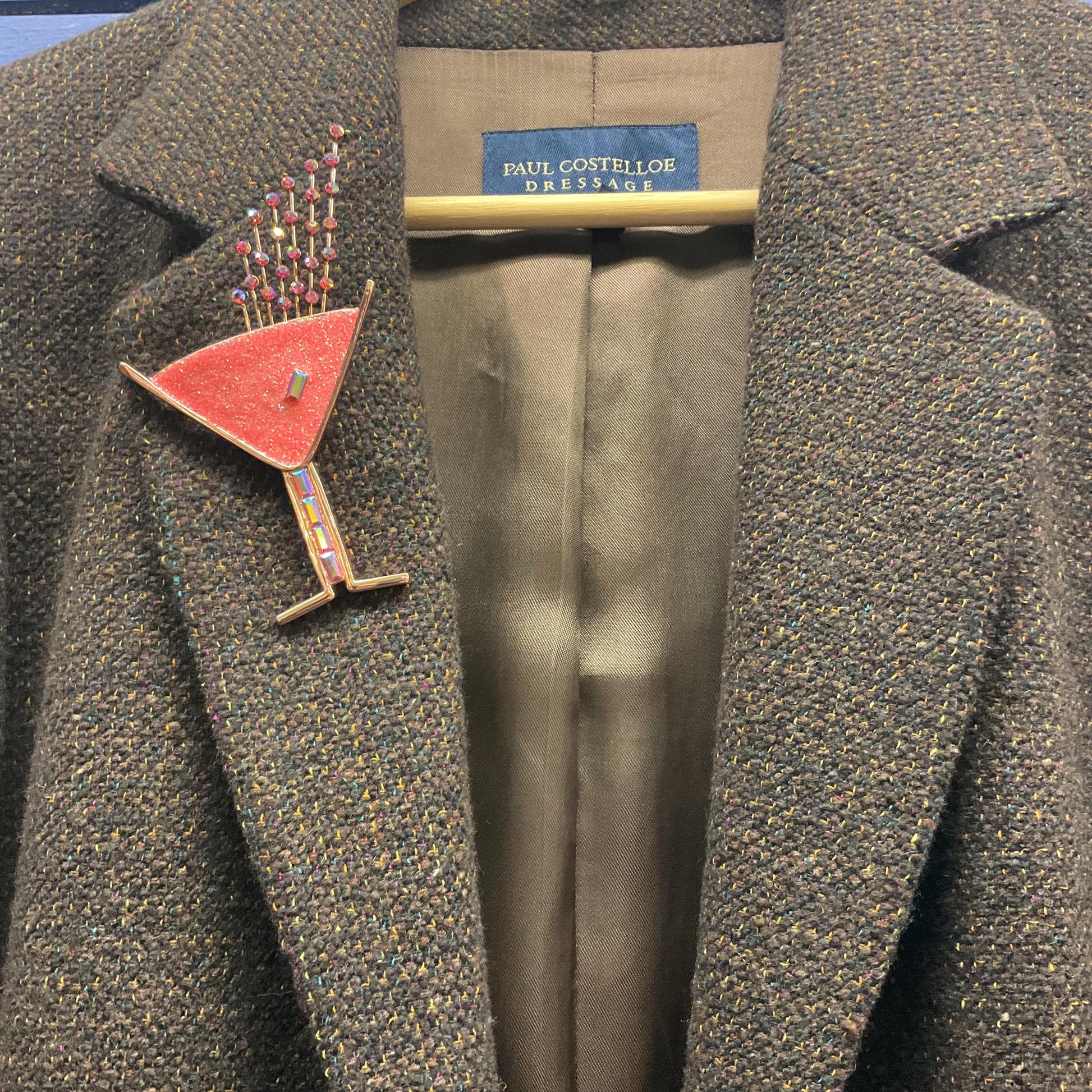 Vintage Butler and Wilson Large Pink Glitter Crystal Cocktail Glass Brooch, Rose Gold tone with Crystal Glitter and Rainbow Rhinestones