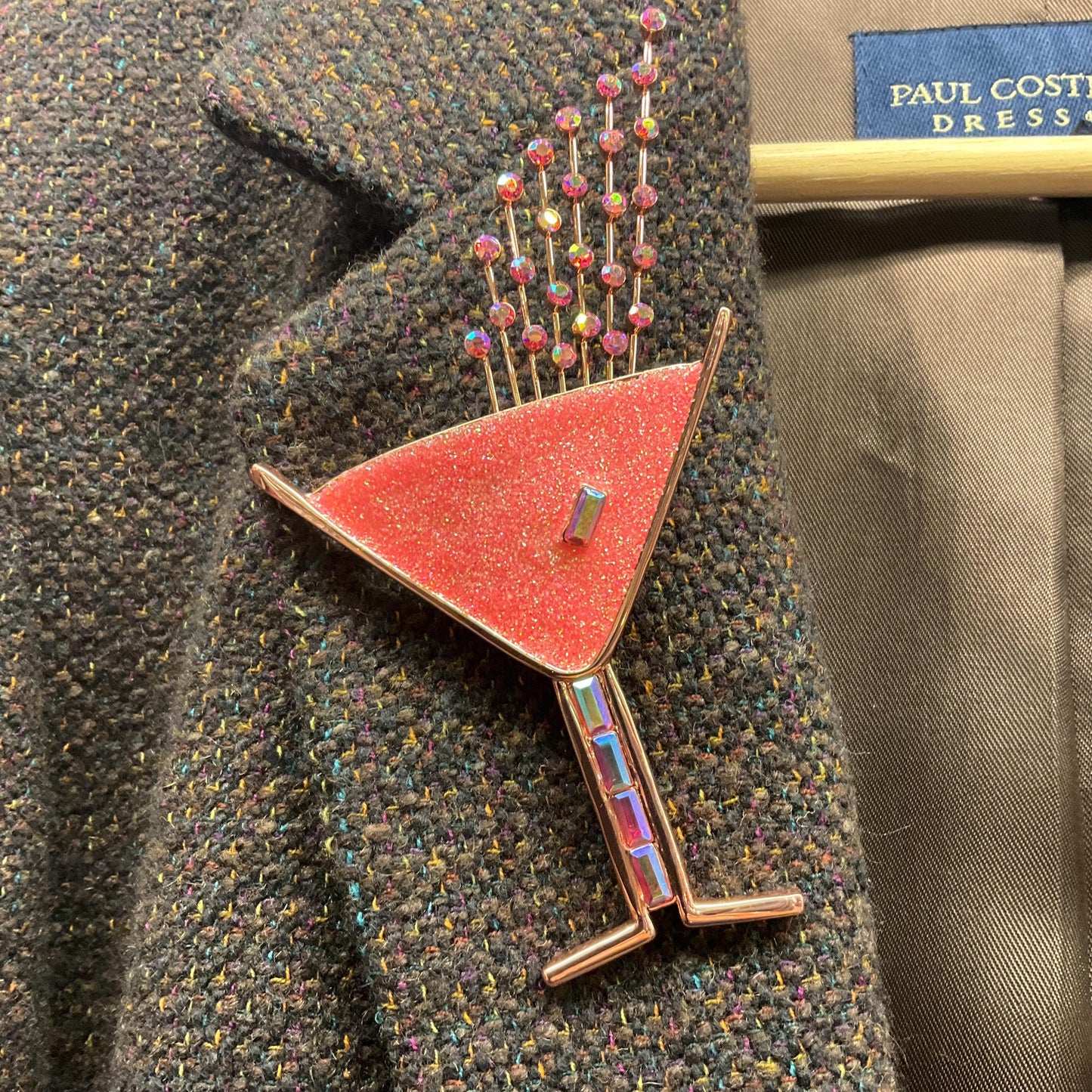 Vintage Butler and Wilson Large Pink Glitter Crystal Cocktail Glass Brooch, Rose Gold tone with Crystal Glitter and Rainbow Rhinestones