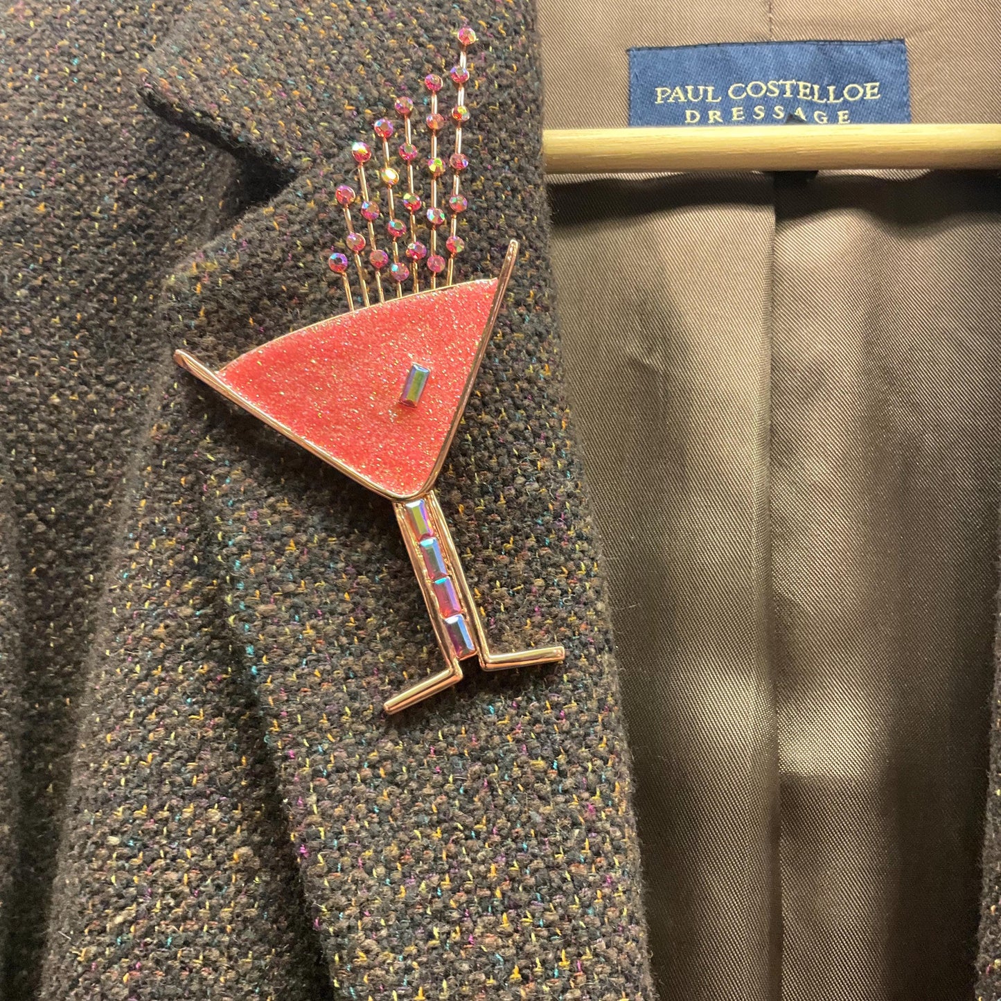 Vintage Butler and Wilson Large Pink Glitter Crystal Cocktail Glass Brooch, Rose Gold tone with Crystal Glitter and Rainbow Rhinestones