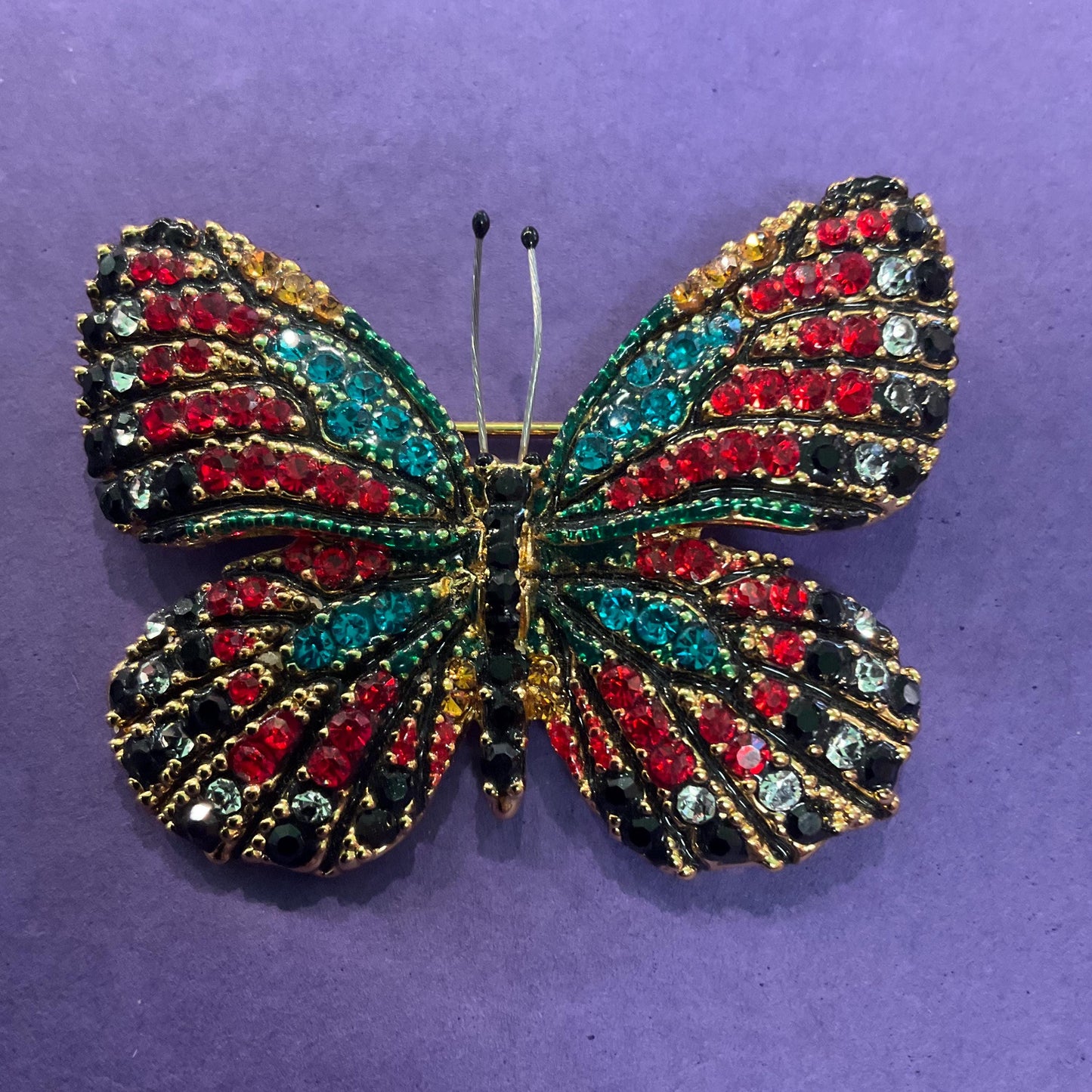 Vintage Butler and Wilson Crystal Bohemian Butterfly Brooch, Gold Tone with Multicoloured Crystal Rhinestones, Signed as new