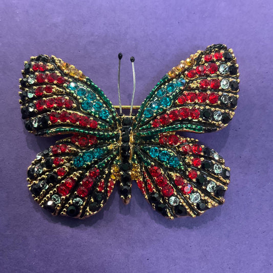 Vintage Butler and Wilson Crystal Bohemian Butterfly Brooch, Gold Tone with Multicoloured Crystal Rhinestones, Signed as new