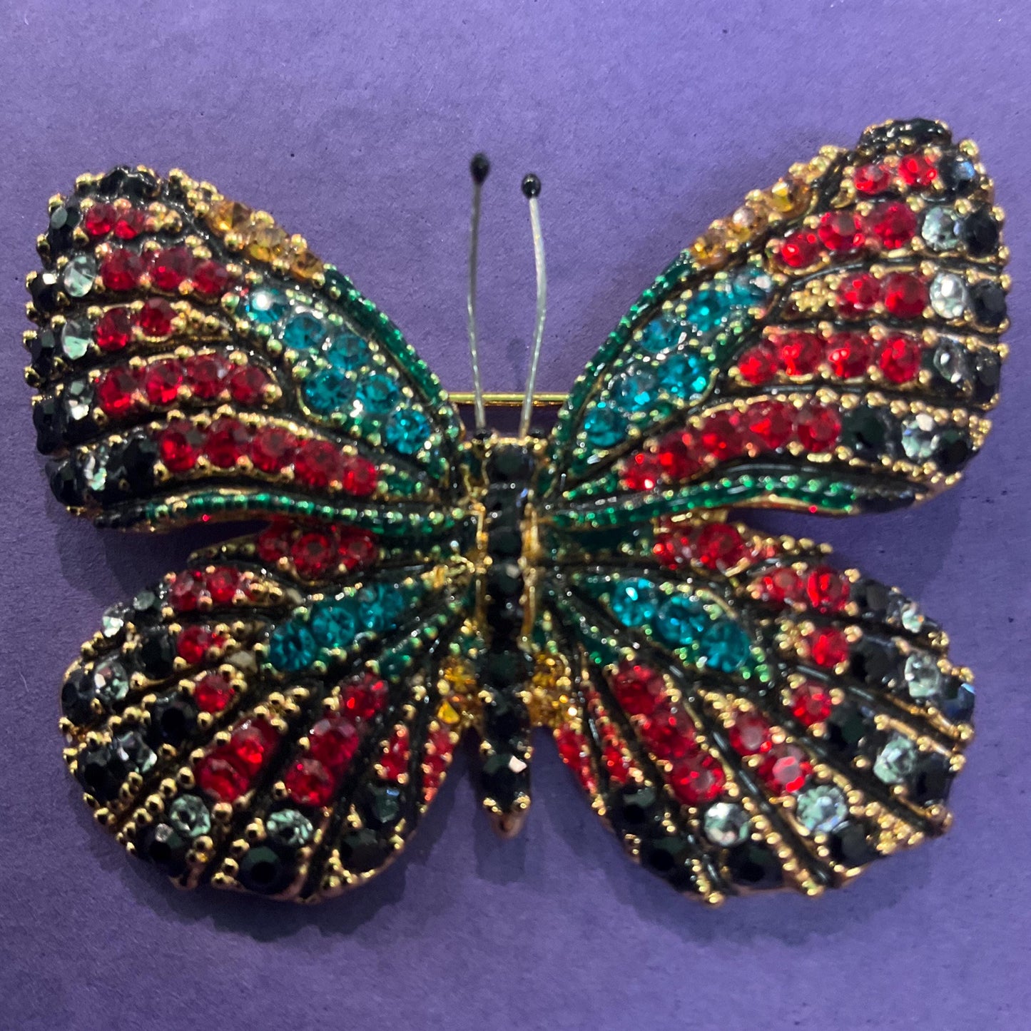 Vintage Butler and Wilson Crystal Bohemian Butterfly Brooch, Gold Tone with Multicoloured Crystal Rhinestones, Signed as new
