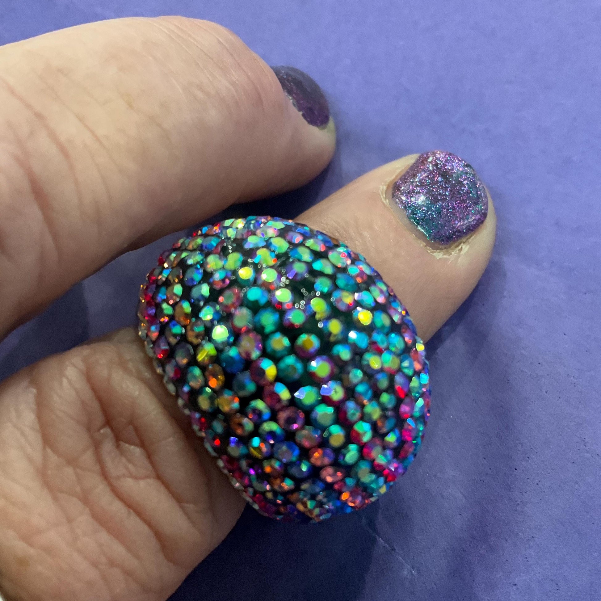 Vintage Butler and Wilson Statement Rainbow Crystal Domed Ring, Gold tone with Aurora Borealis Rhinestones, Signed in Original Box