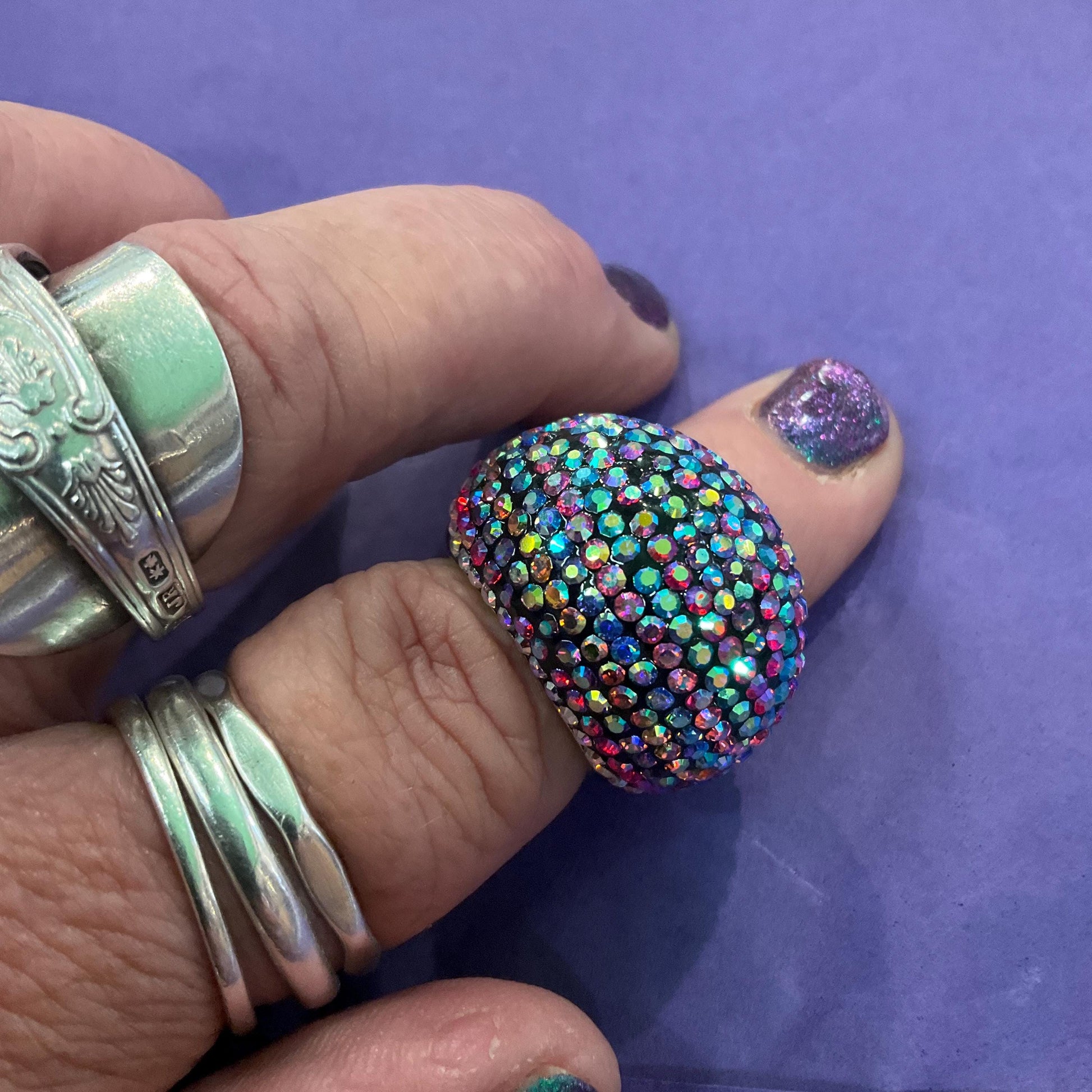 Vintage Butler and Wilson Statement Rainbow Crystal Domed Ring, Gold tone with Aurora Borealis Rhinestones, Signed in Original Box