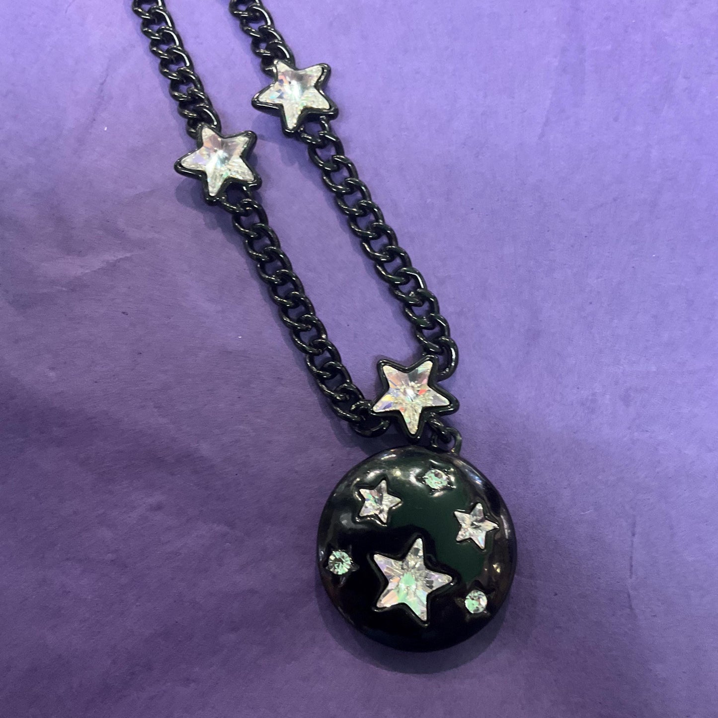 Vintage Butler and Wilson Black and Silver Star Pendant, Black Enamel with Crystal Stars and Rhinestones, Signed in Original Box