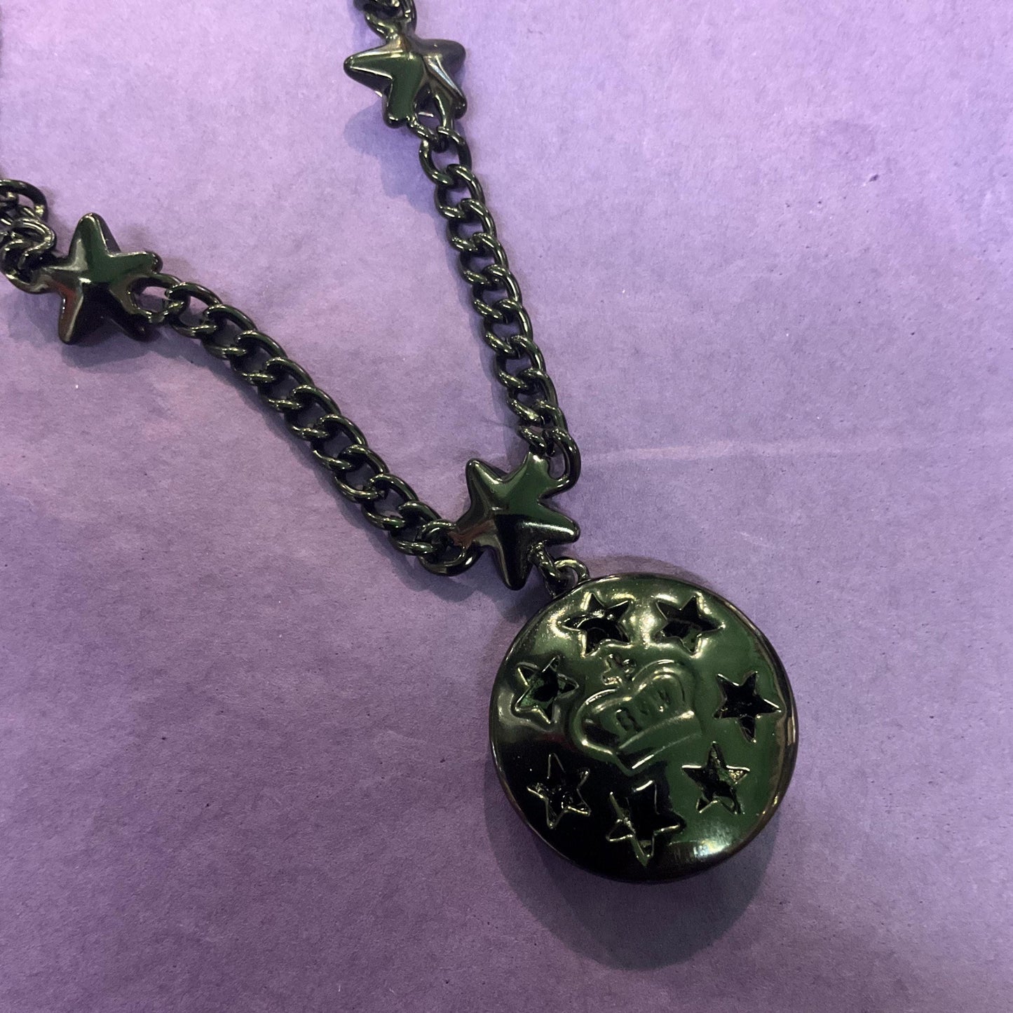 Vintage Butler and Wilson Black and Silver Star Pendant, Black Enamel with Crystal Stars and Rhinestones, Signed in Original Box