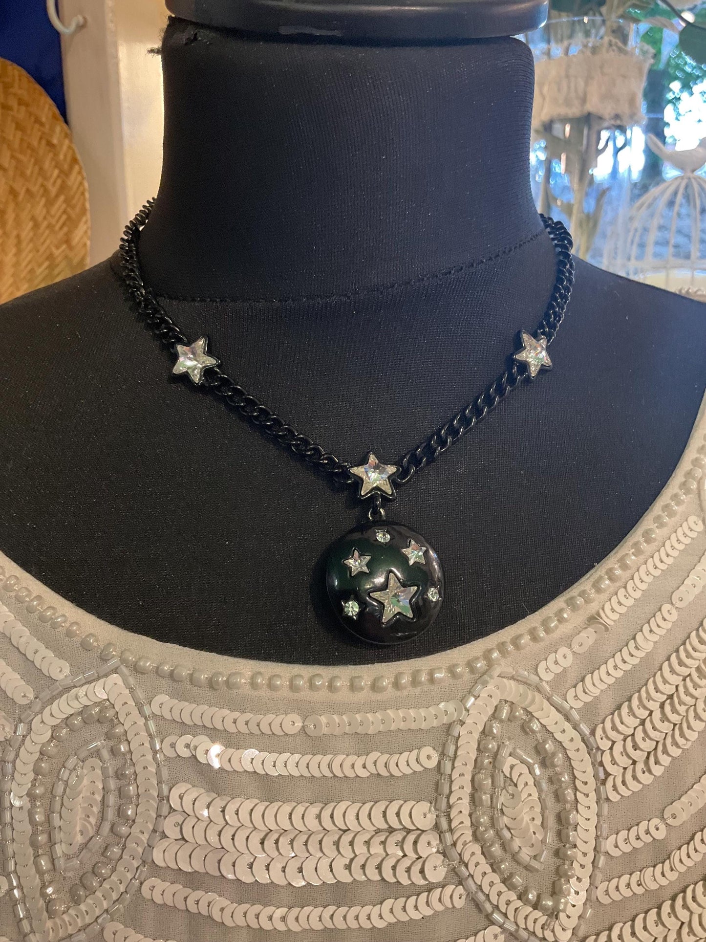 Vintage Butler and Wilson Black and Silver Star Pendant, Black Enamel with Crystal Stars and Rhinestones, Signed in Original Box