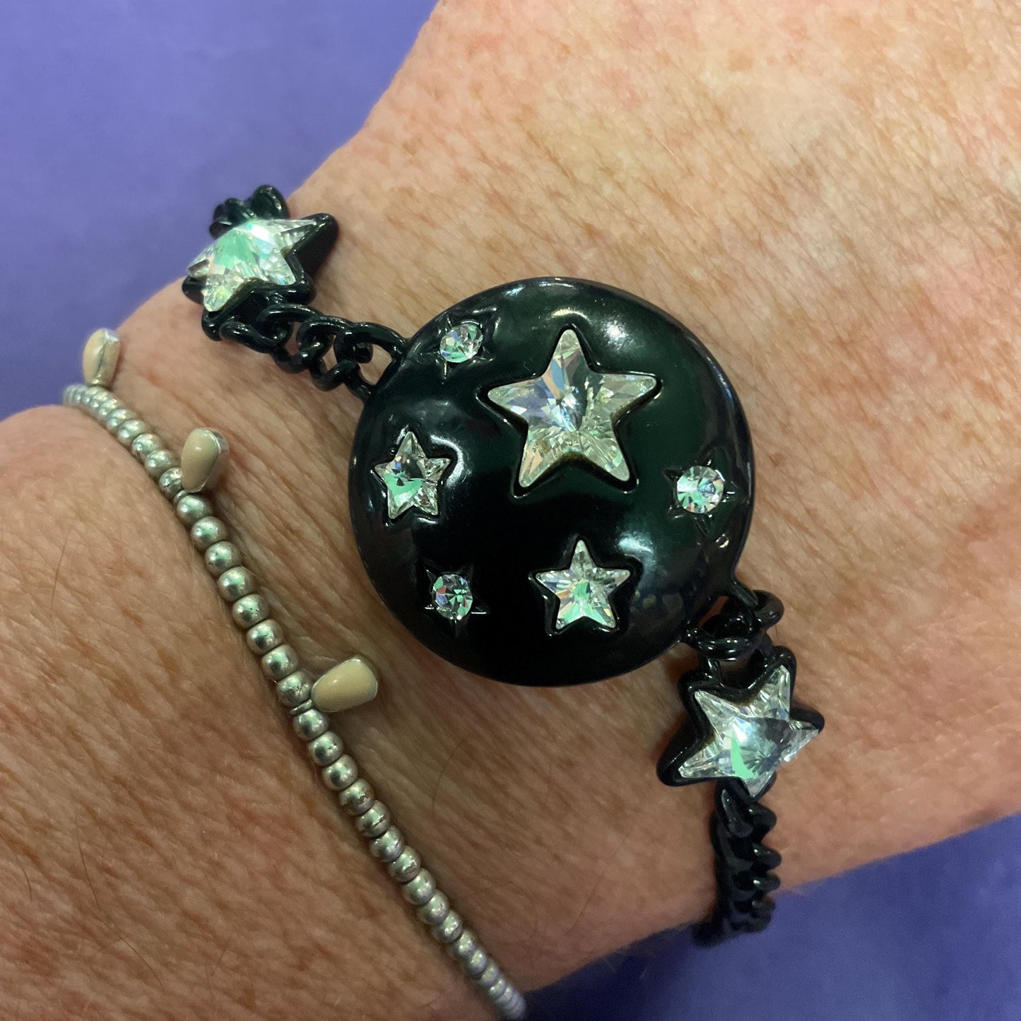 Vintage Butler and Wilson Black and Silver Star Bracelet, Black Enamel and Silver Crystal, Signed in Original Box , Formal Event