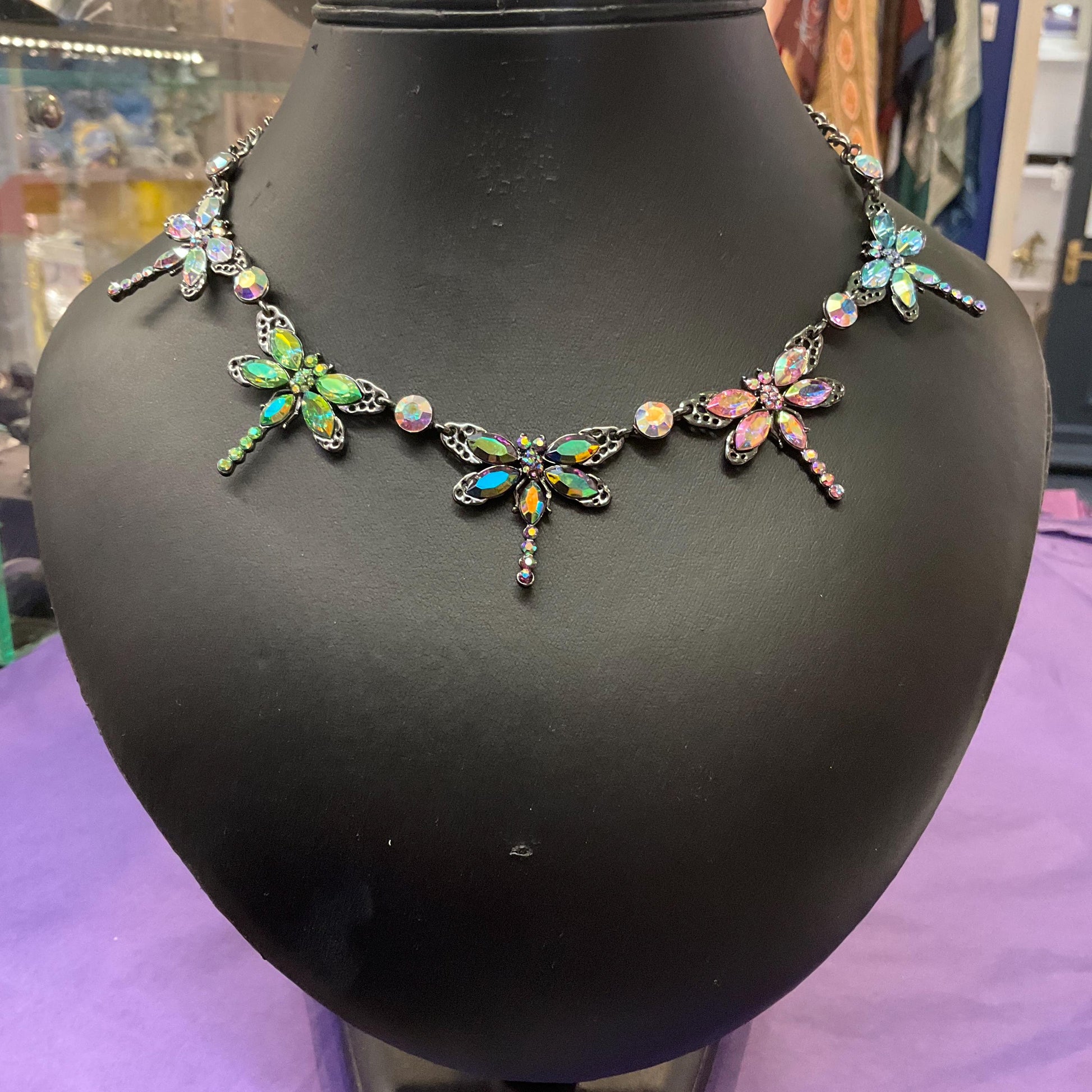 Vintage Butler and Wilson Rainbow Crystal Dragonfly Necklace, Pewter tone with Aurora Borealis Crystals and rhinestone, Signed as new