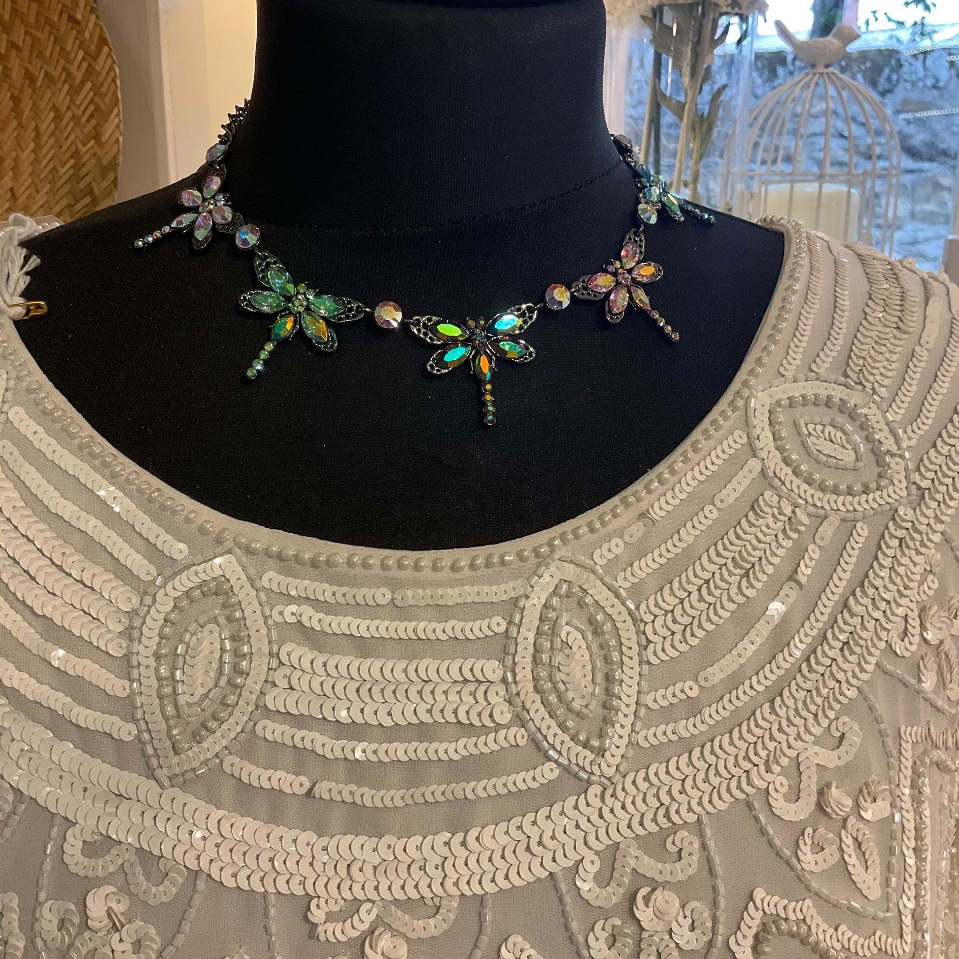 Vintage Butler and Wilson Rainbow Crystal Dragonfly Necklace, Pewter tone with Aurora Borealis Crystals and rhinestone, Signed as new