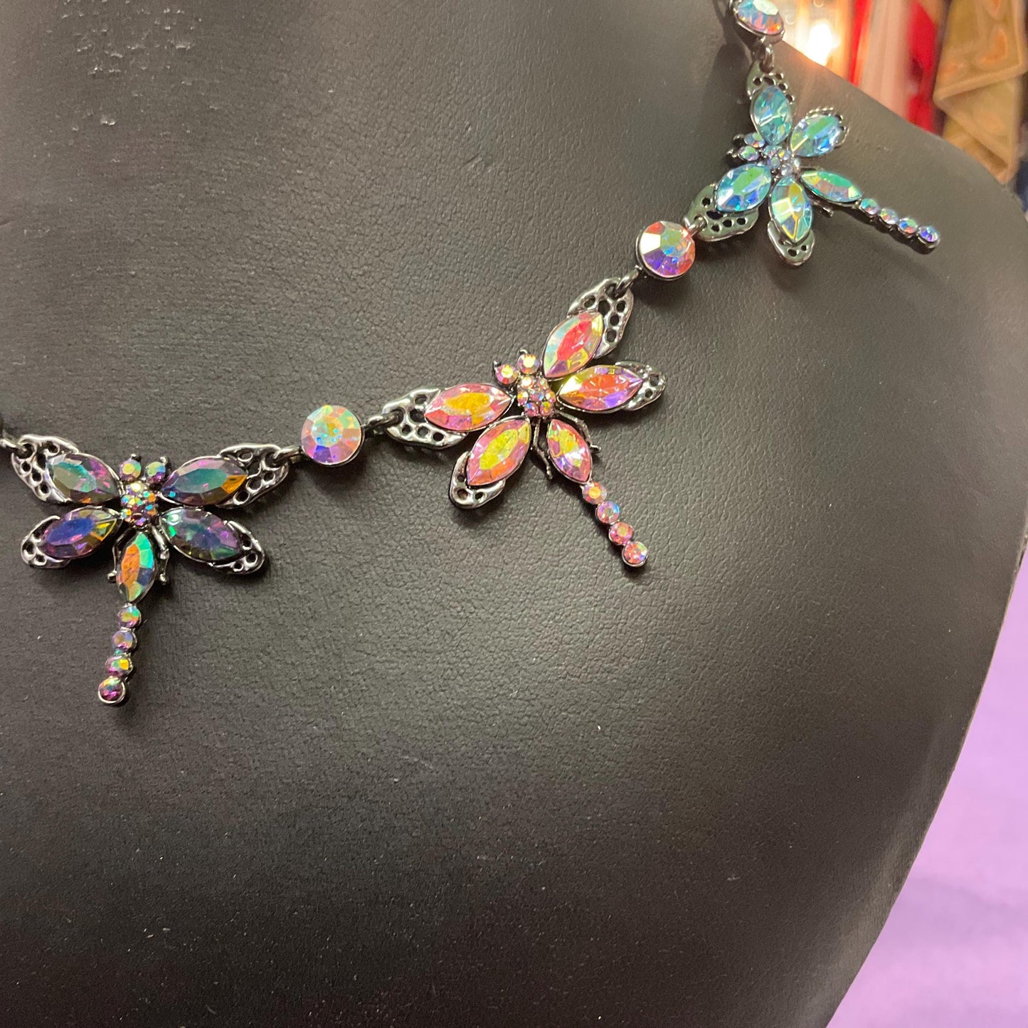 Vintage Butler and Wilson Rainbow Crystal Dragonfly Necklace, Pewter tone with Aurora Borealis Crystals and rhinestone, Signed as new