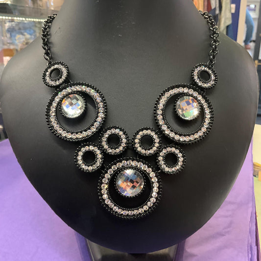 Vintage Butler and Wilson Statement Monotone Crystal Necklace, Black Enamel and Silver Crystal and Rhinestone, Signed in Original Box