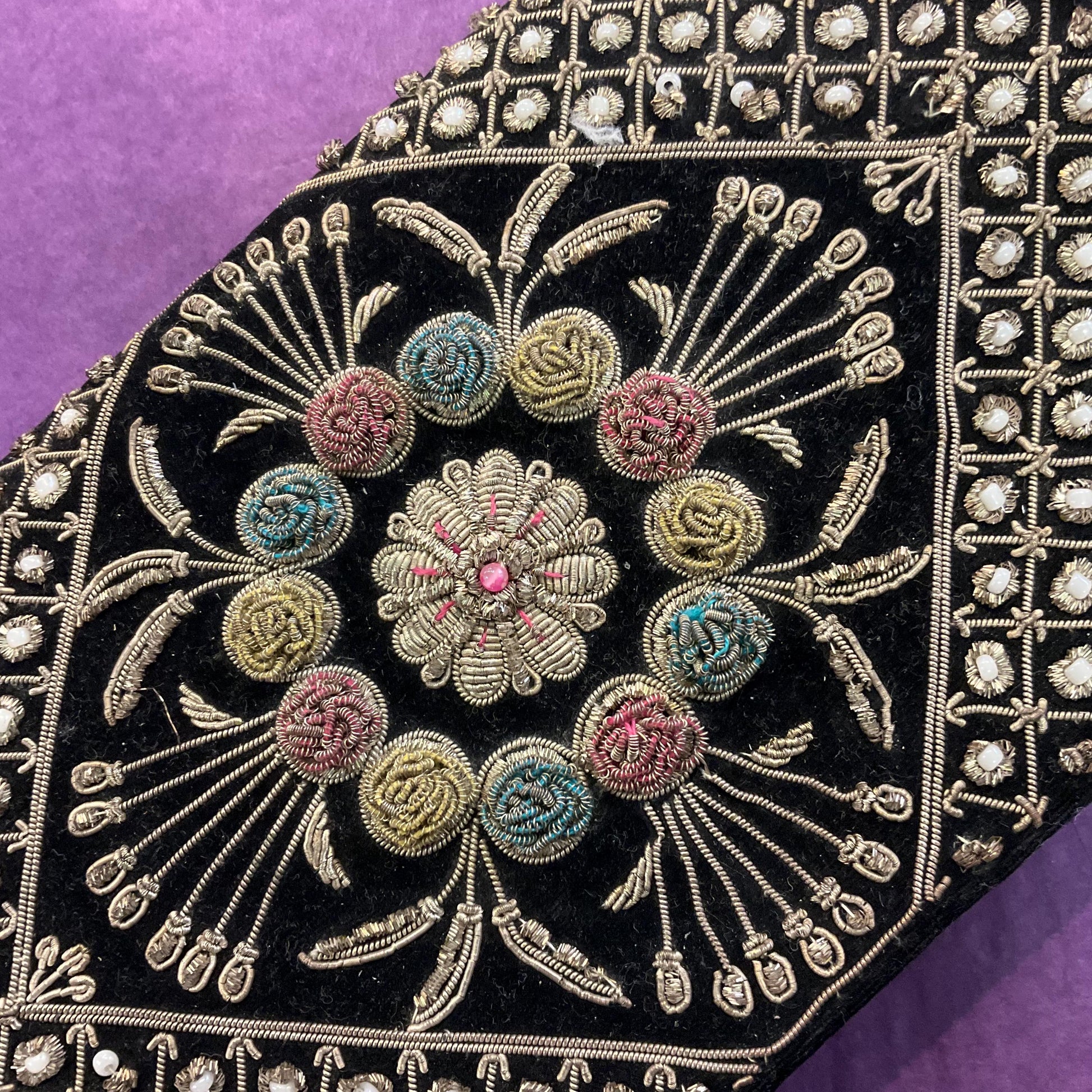 Vintage 1940s Indian Zardosi Embroidered Floral Evening Bag, Black velvet with traditional gold wirework and crystal beads, formal event