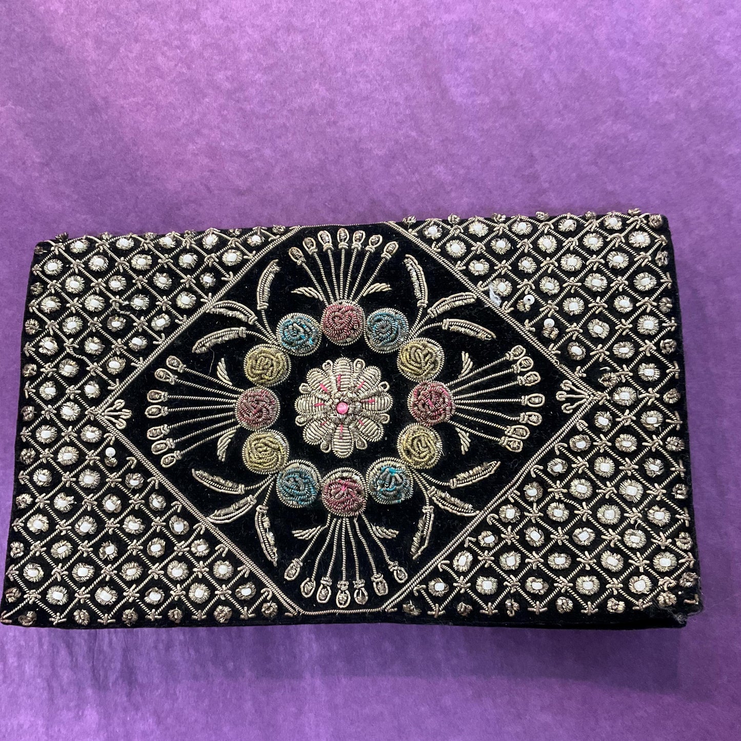 Vintage 1940s Indian Zardosi Embroidered Floral Evening Bag, Black velvet with traditional gold wirework and crystal beads, formal event